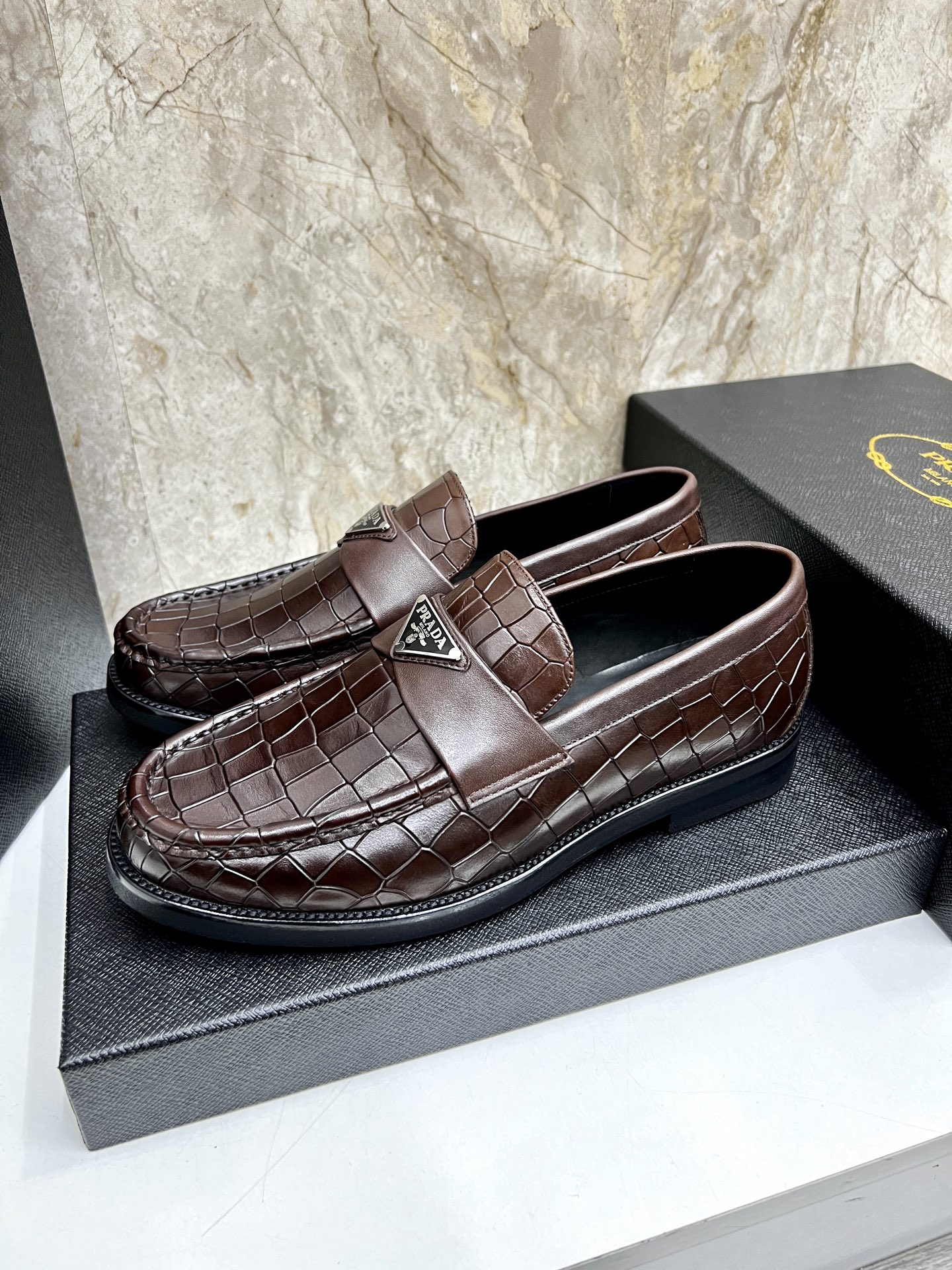 Prada Men's Brown Leather Crocodile Embossed Loafers, Sizes 38-44 3 i1745038300417 1305 0 1