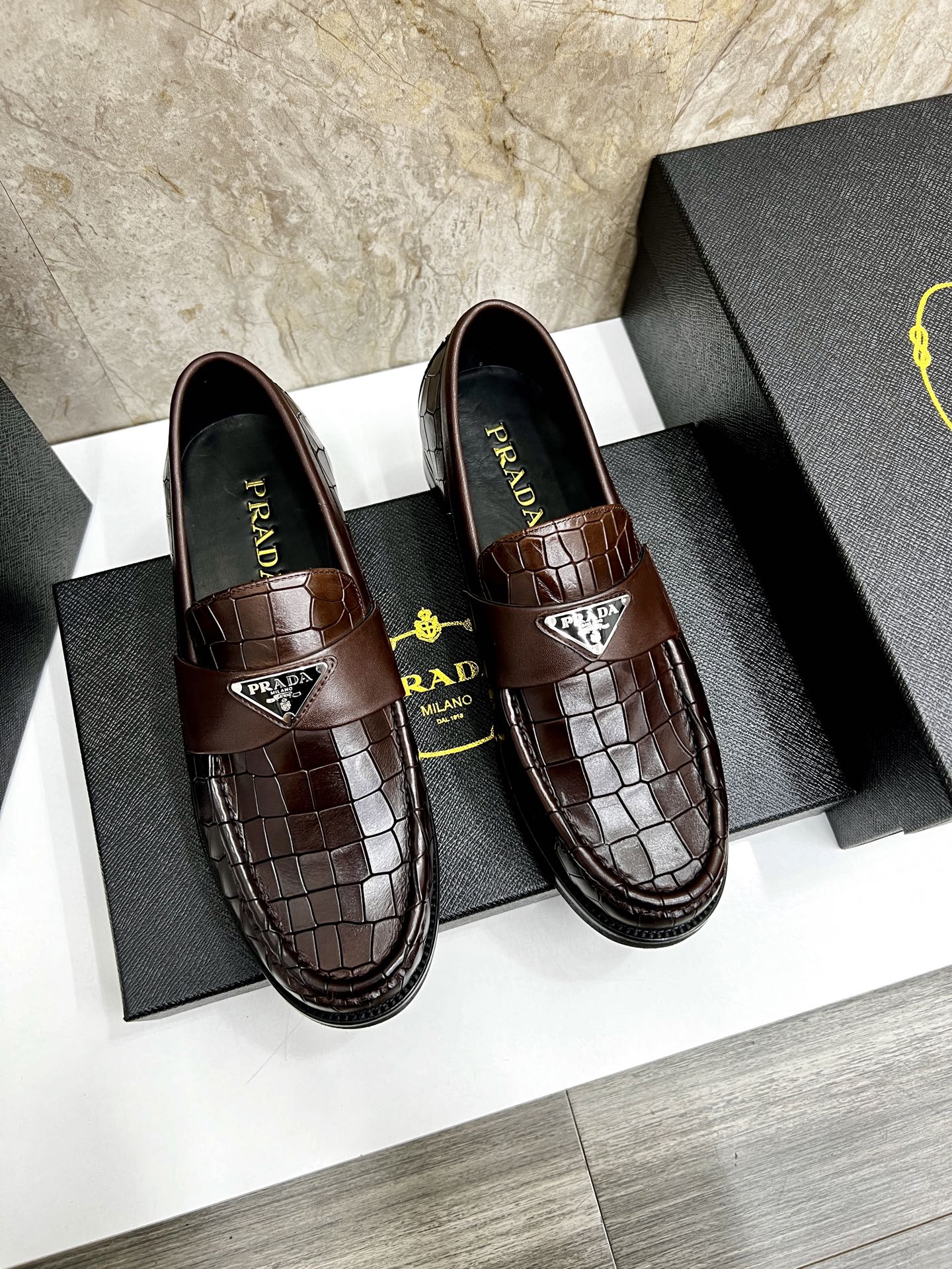 Prada Men's Brown Leather Crocodile Embossed Loafers, Sizes 38-44 2 i1745038301273 8070 0 0