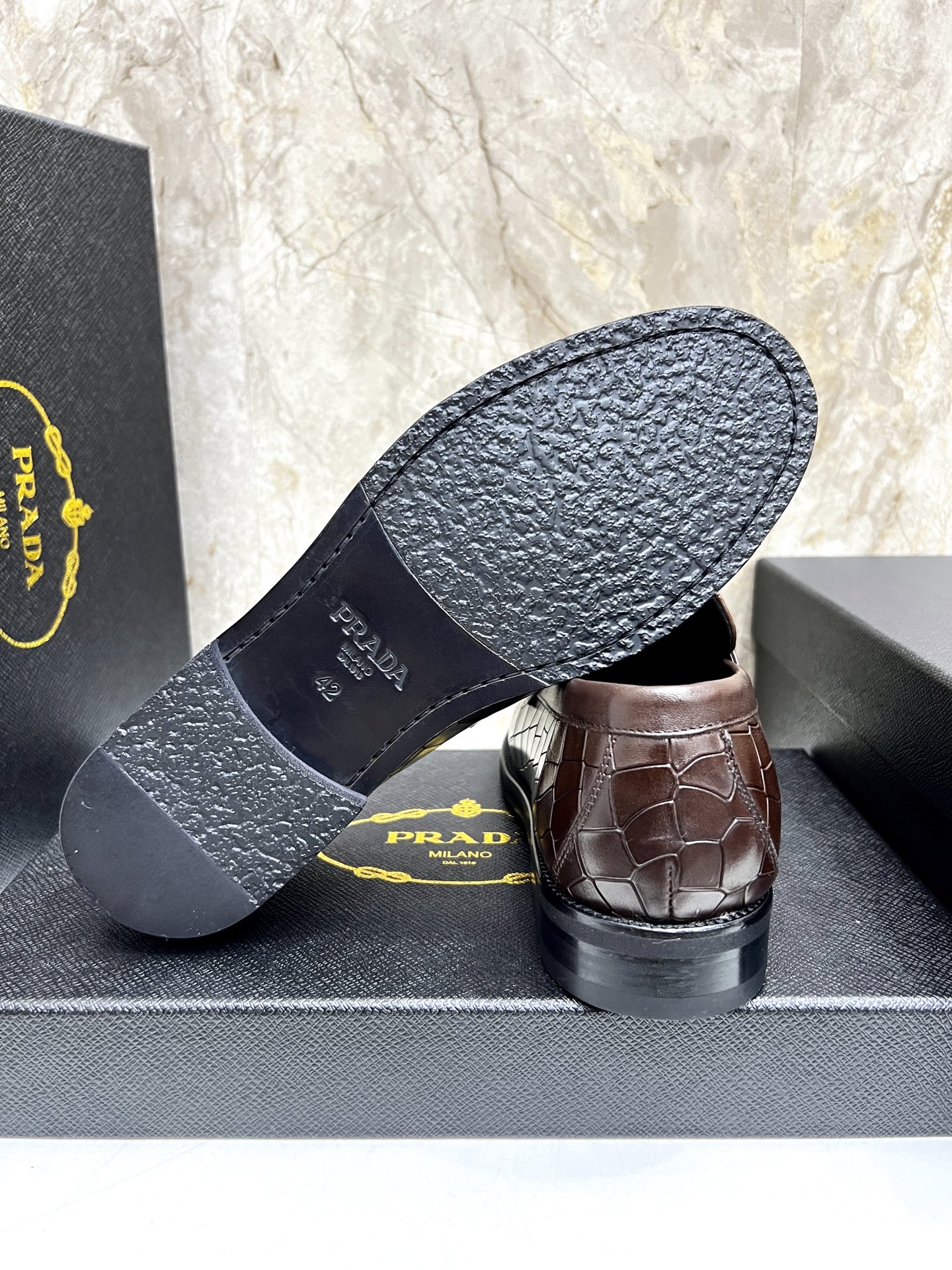 Prada Men's Brown Leather Crocodile Embossed Loafers, Sizes 38-44 9 i1745038301327 173 0 7