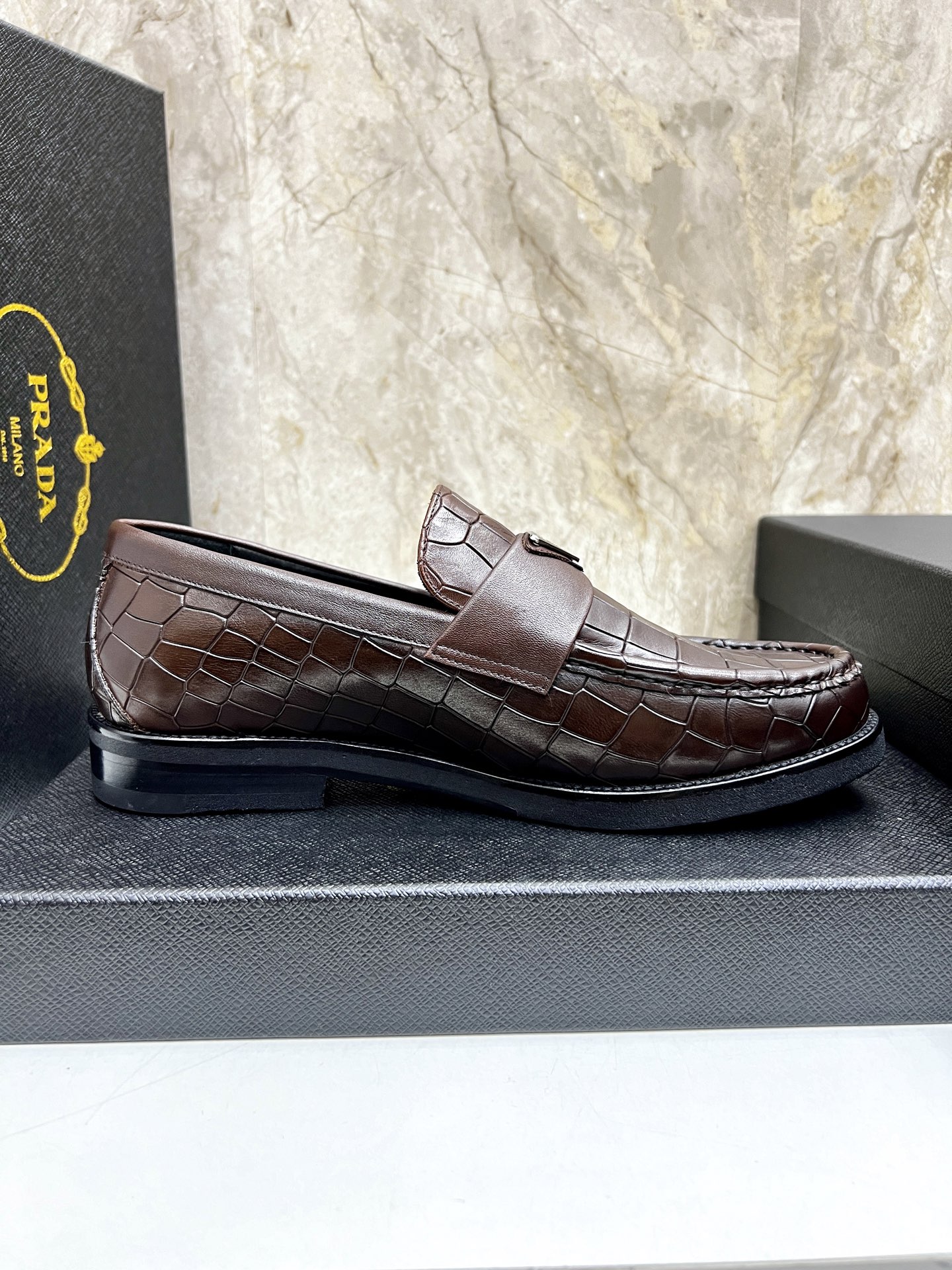 Prada Men's Brown Leather Crocodile Embossed Loafers, Sizes 38-44 7 i1745038301375 8884 0 5
