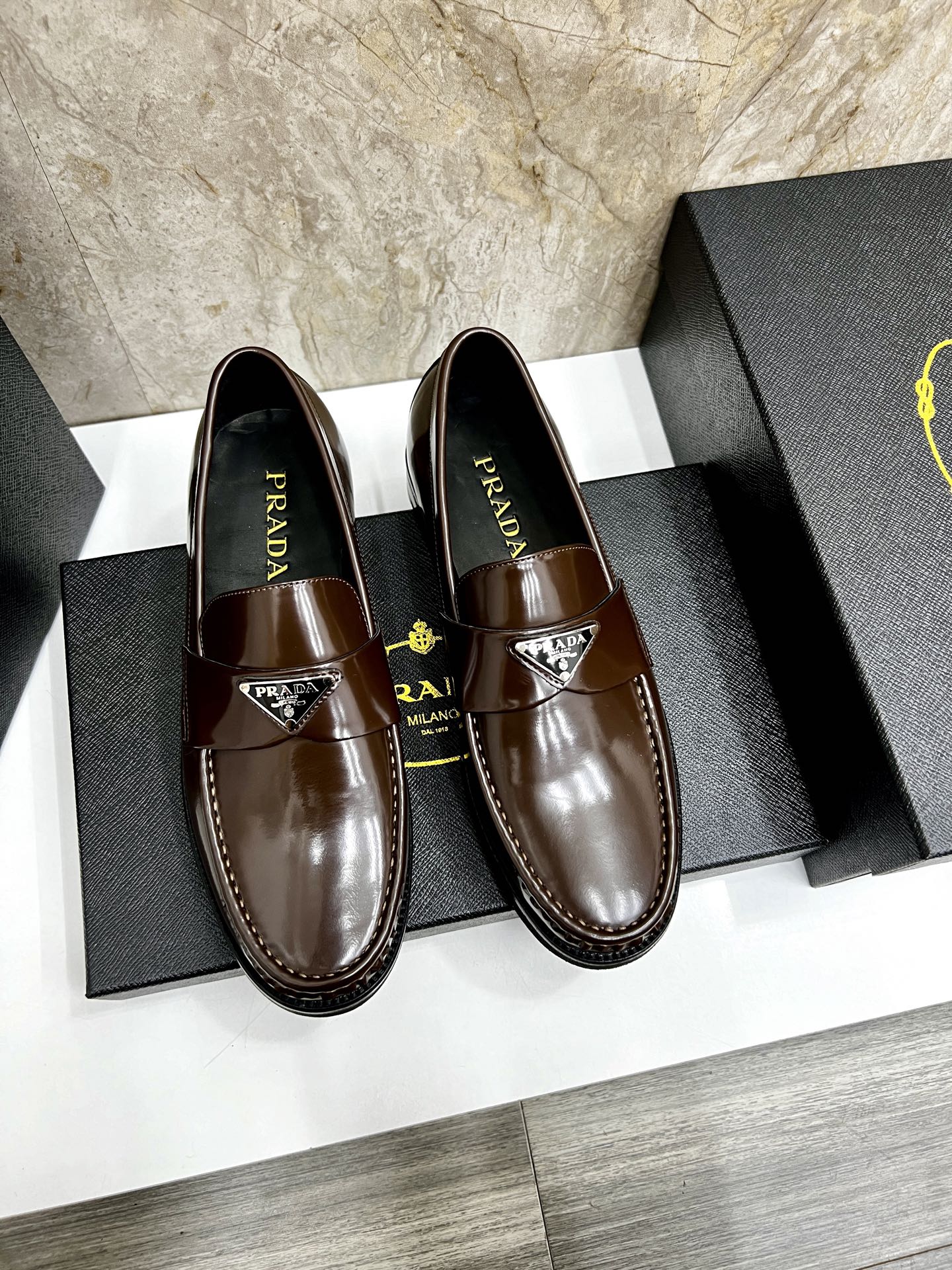 Prada Men's Leather Loafers, Brown, Sizes 38-44. Calfskin Lining & Leather Sole 1 Prada Men's Leather Loafers, Brown, Sizes 38-44. Calfskin Lining & Leather Sole