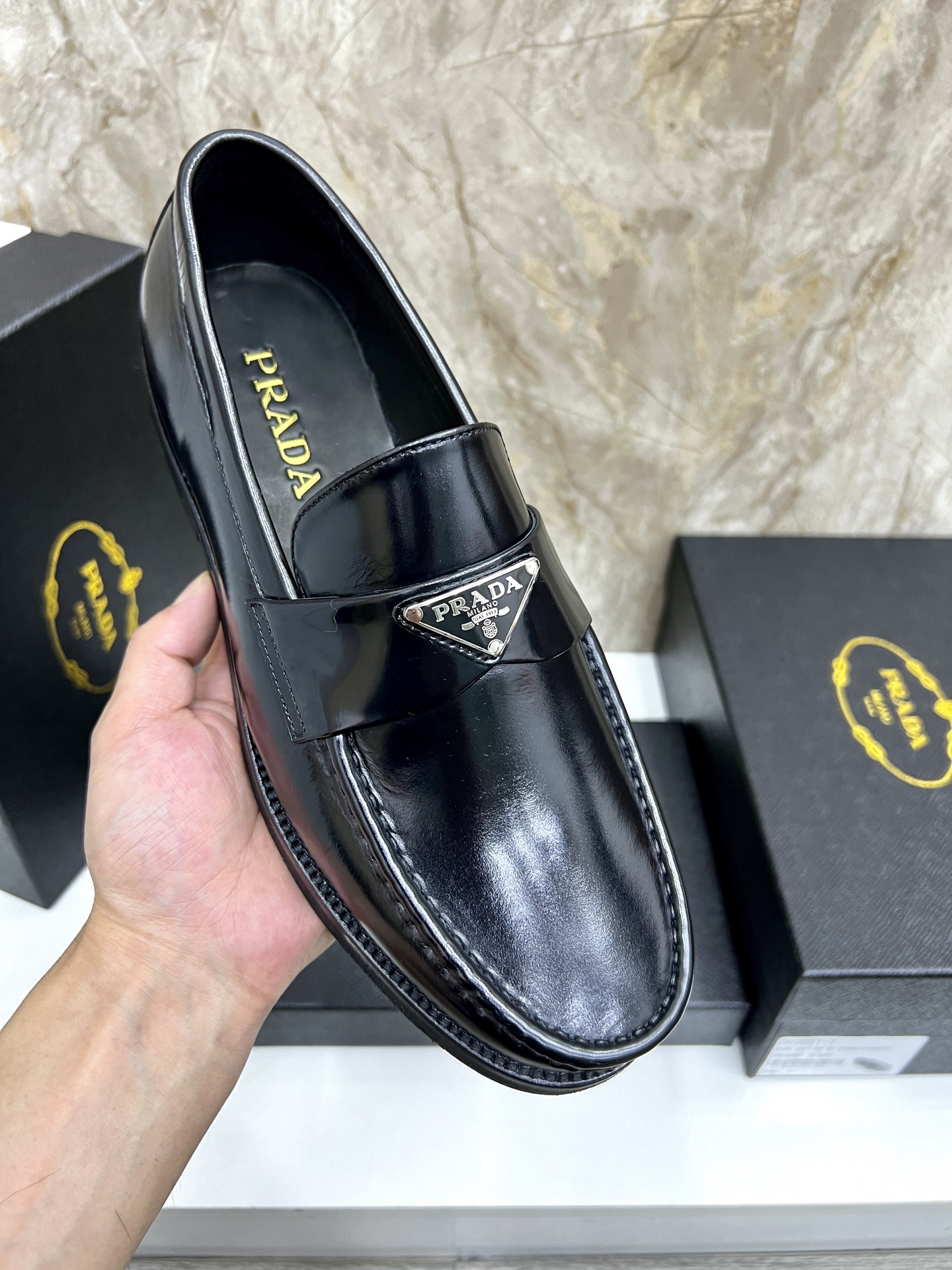 Prada Men's Black Leather Loafers, Slip-on Dress Shoes, Sizes 38-44 8 i1745038388137 4266 0 6