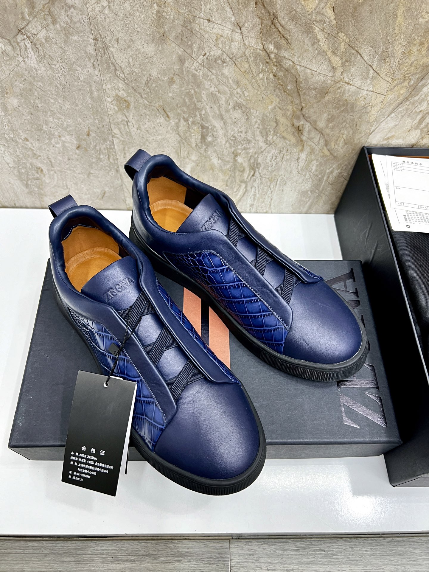 Zegna Triple Stitch Leather Sneakers, Low Top Slip-Ons For Men, Blue 4 i1745123249026 1462 0 2