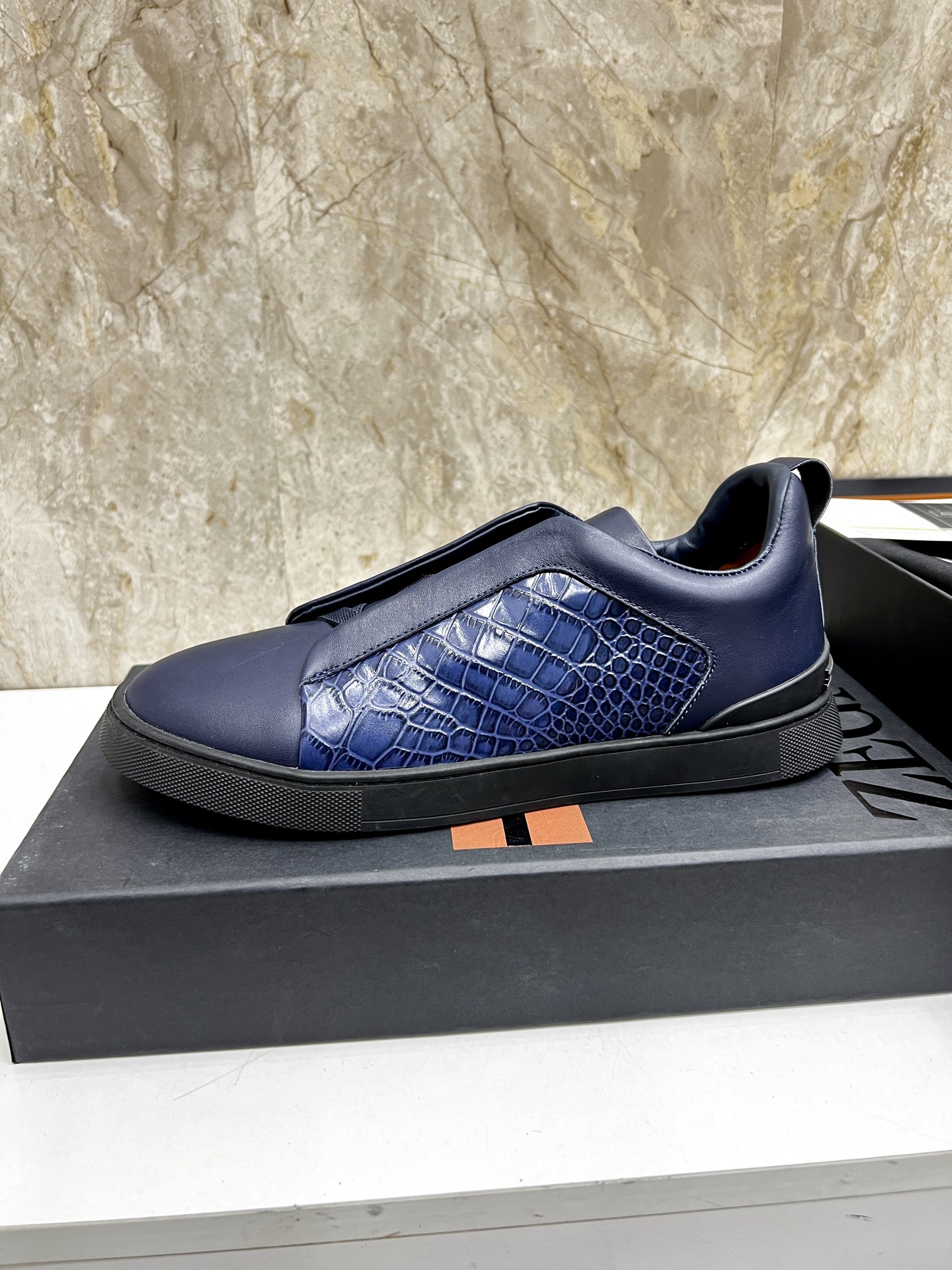 Zegna Triple Stitch Leather Sneakers, Low Top Slip-Ons For Men, Blue 6 i1745123249029 5368 0 4