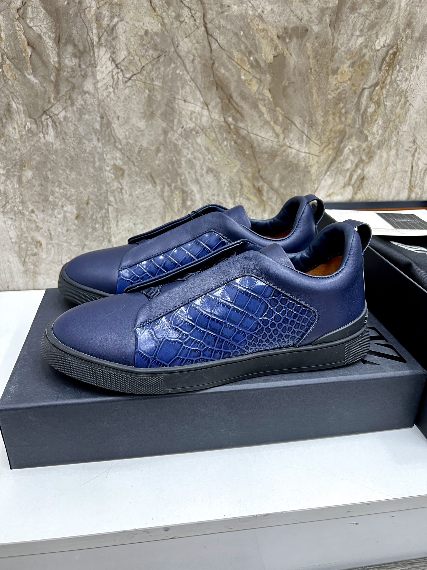 Zegna Triple Stitch Leather Sneakers, Low Top Slip-Ons For Men, Blue 3 i1745123249054 7936 0 1