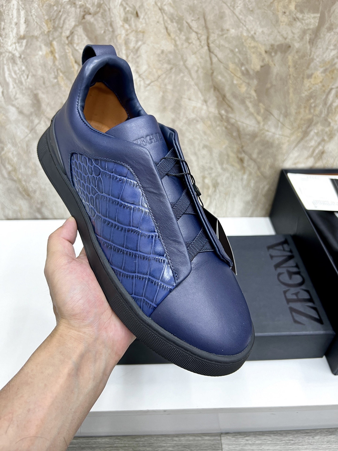 Zegna Triple Stitch Leather Sneakers, Low Top Slip-Ons For Men, Blue 8 i1745123250125 3961 0 6