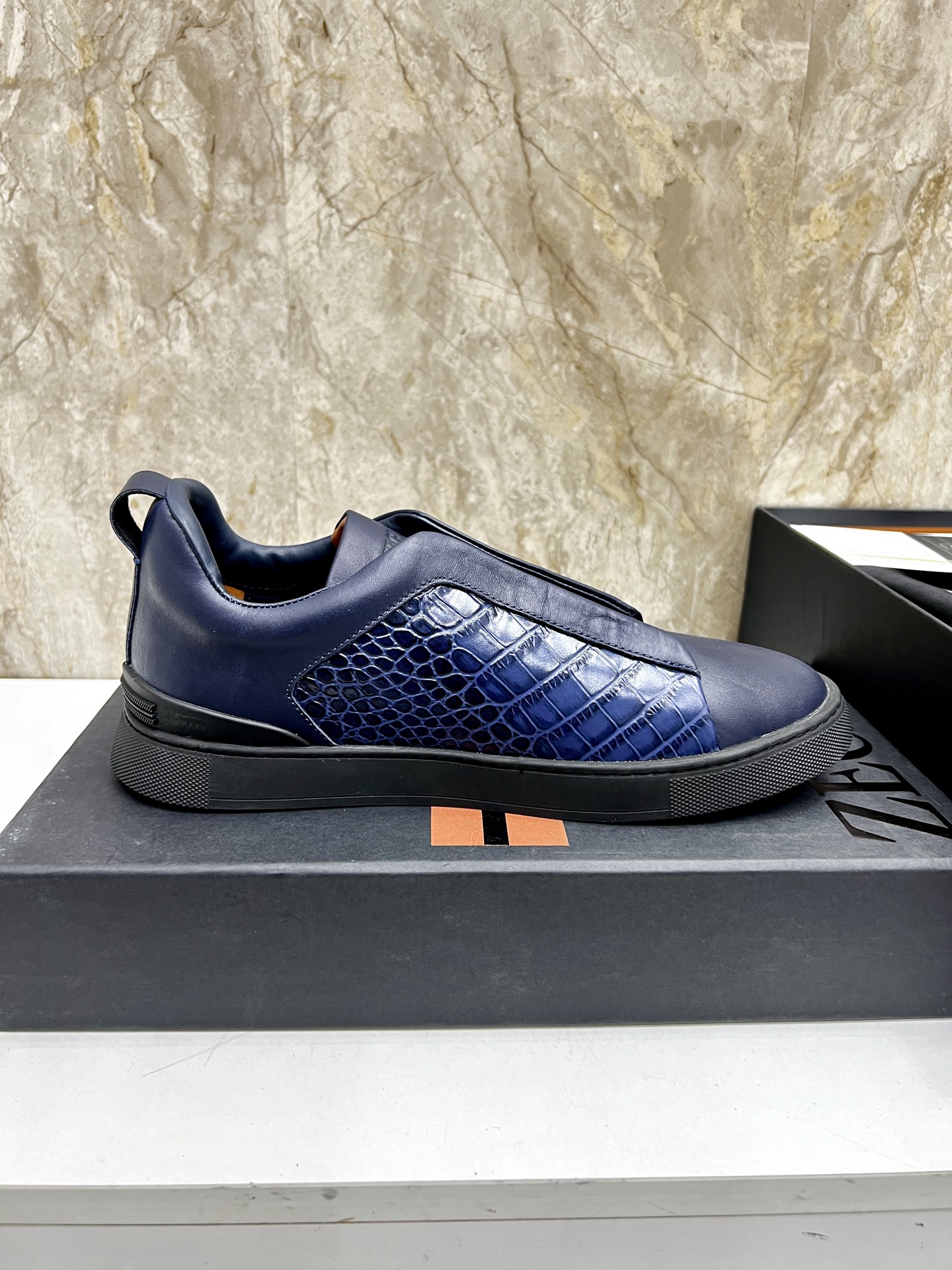 Zegna Triple Stitch Leather Sneakers, Low Top Slip-Ons For Men, Blue 7 i1745123250193 4068 0 5