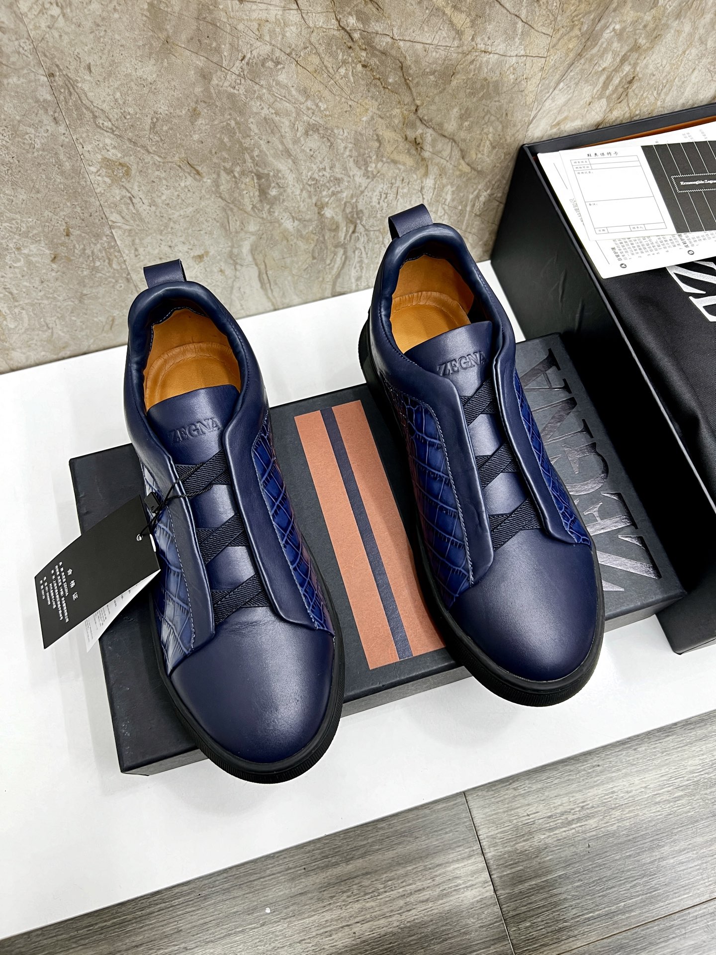 Zegna Triple Stitch Leather Sneakers, Low Top Slip-Ons For Men, Blue 2 i1745123250248 8376 0 0