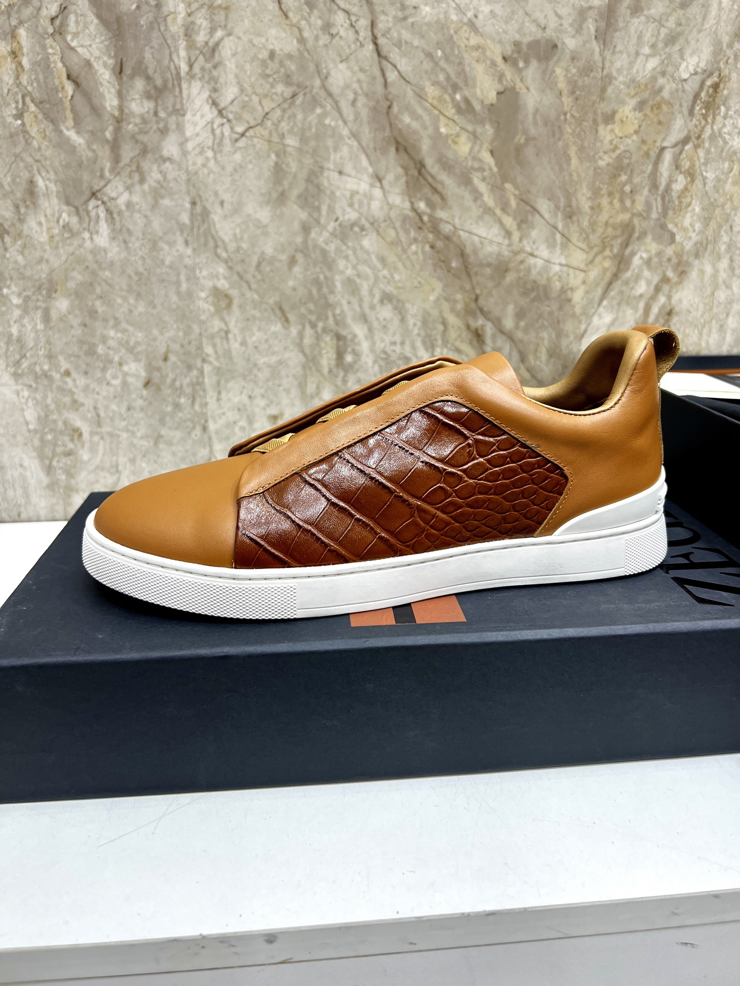 Zegna Triple Stitch Leather Sneakers Low Top Casual Shoes, Brown, Size 39-44 6 i1745123264511 2270 0 4