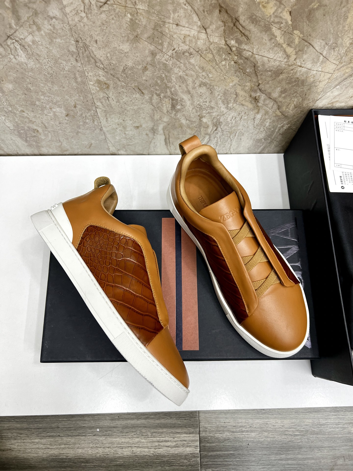 Zegna Triple Stitch Leather Sneakers Low Top Casual Shoes, Brown, Size 39-44 5 i1745123264642 2957 0 3