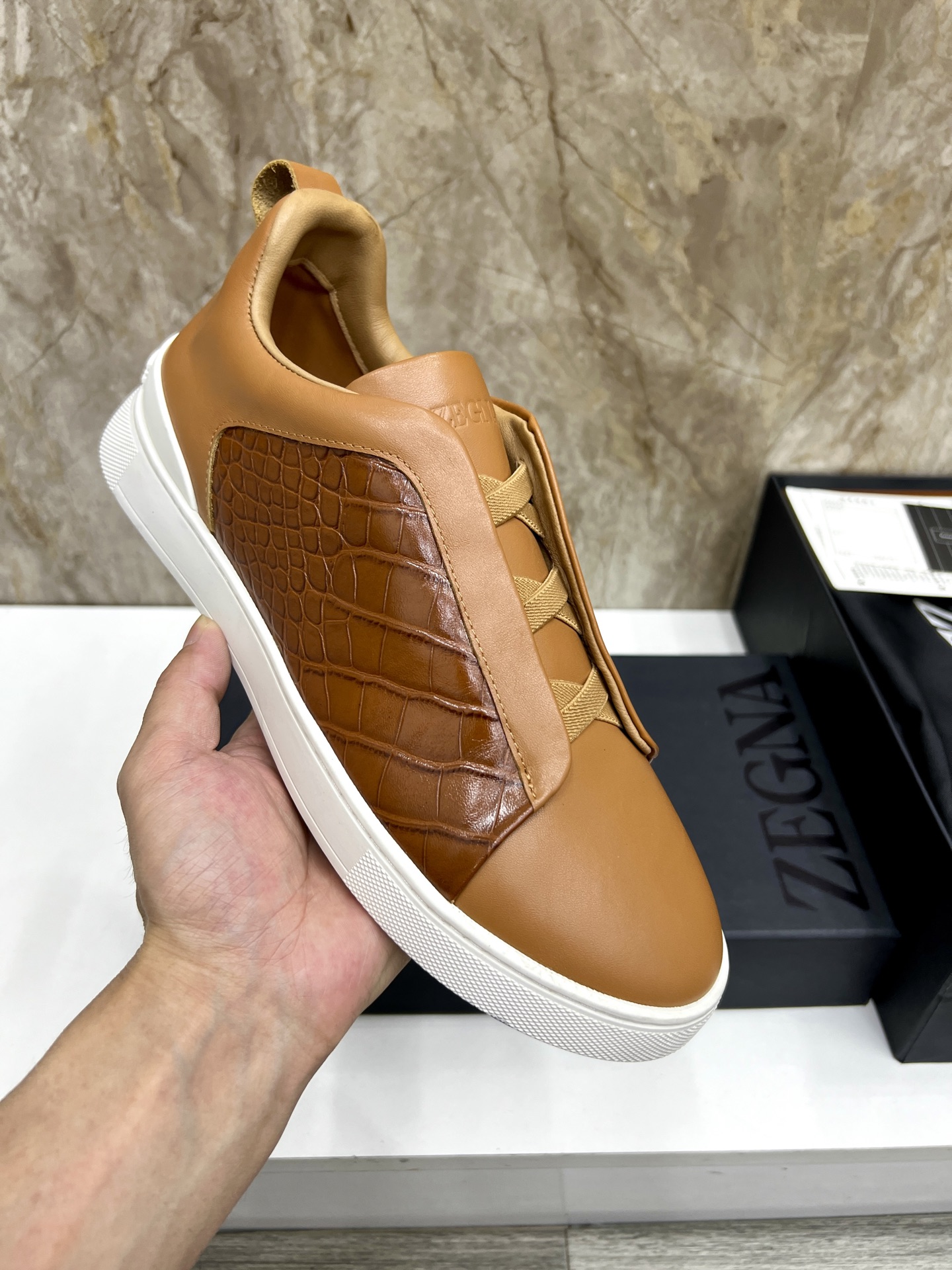 Zegna Triple Stitch Leather Sneakers Low Top Casual Shoes, Brown, Size 39-44 8 i1745123264664 5531 0 6
