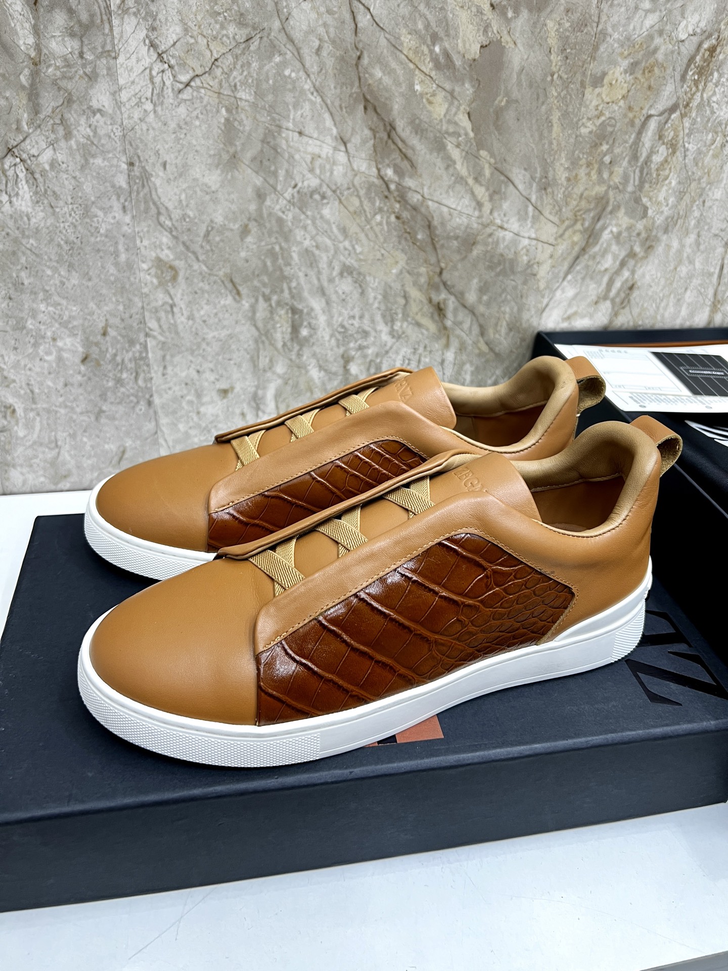 Zegna Triple Stitch Leather Sneakers Low Top Casual Shoes, Brown, Size 39-44 3 i1745123265542 9902 0 1