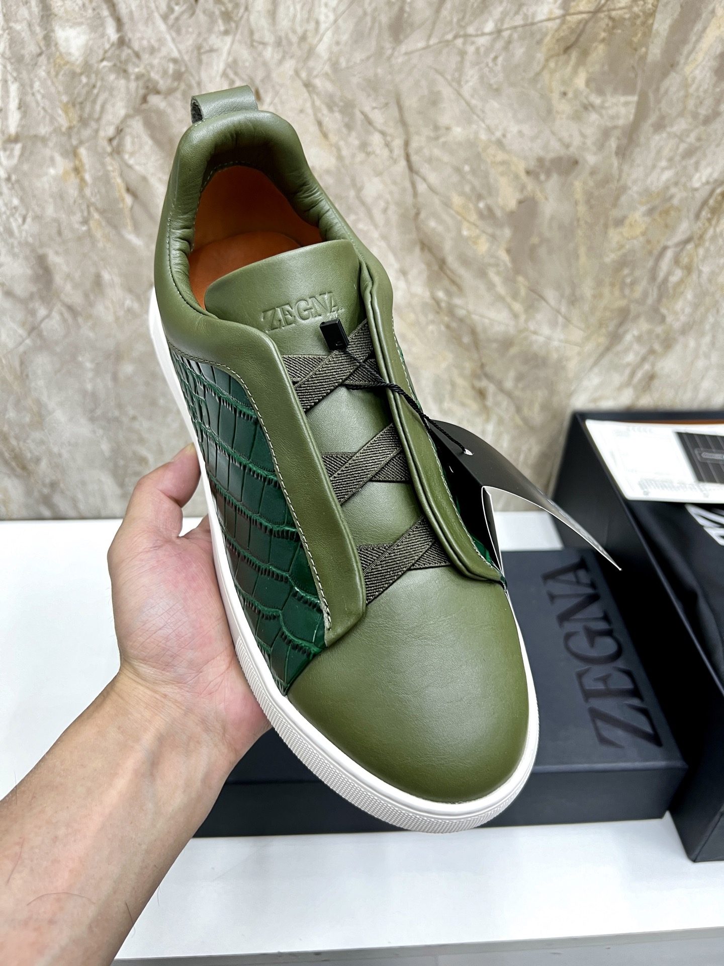 Zegna Triple Stitch Leather Sneakers Casual Shoes - Olive Green, Sizes 39-44 8 i1745123278182 6934 0 6