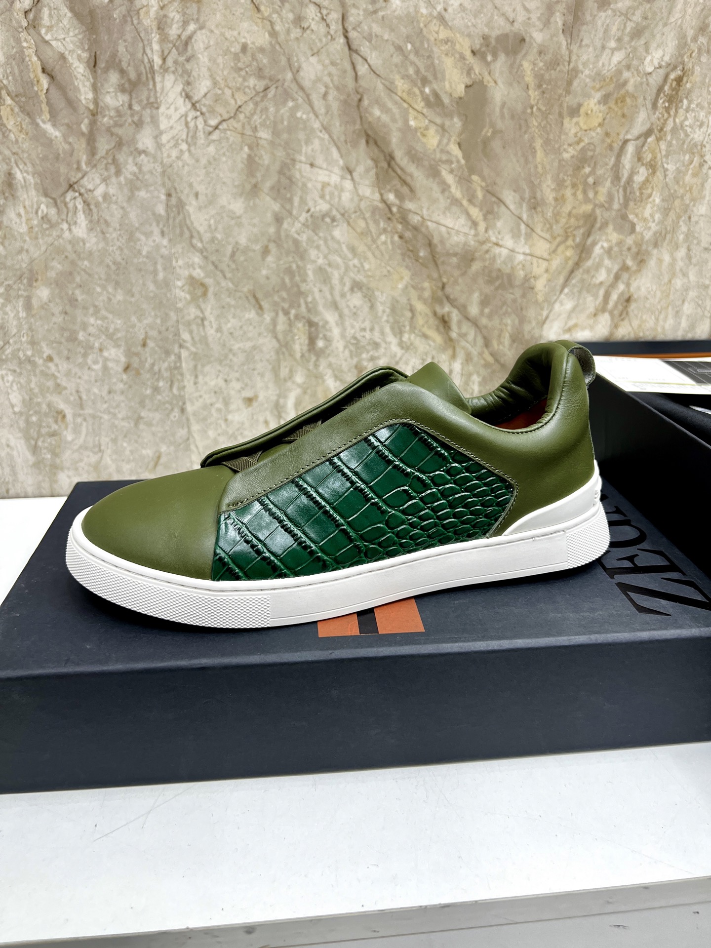 Zegna Triple Stitch Leather Sneakers Casual Shoes - Olive Green, Sizes 39-44 6 i1745123278231 7537 0 4