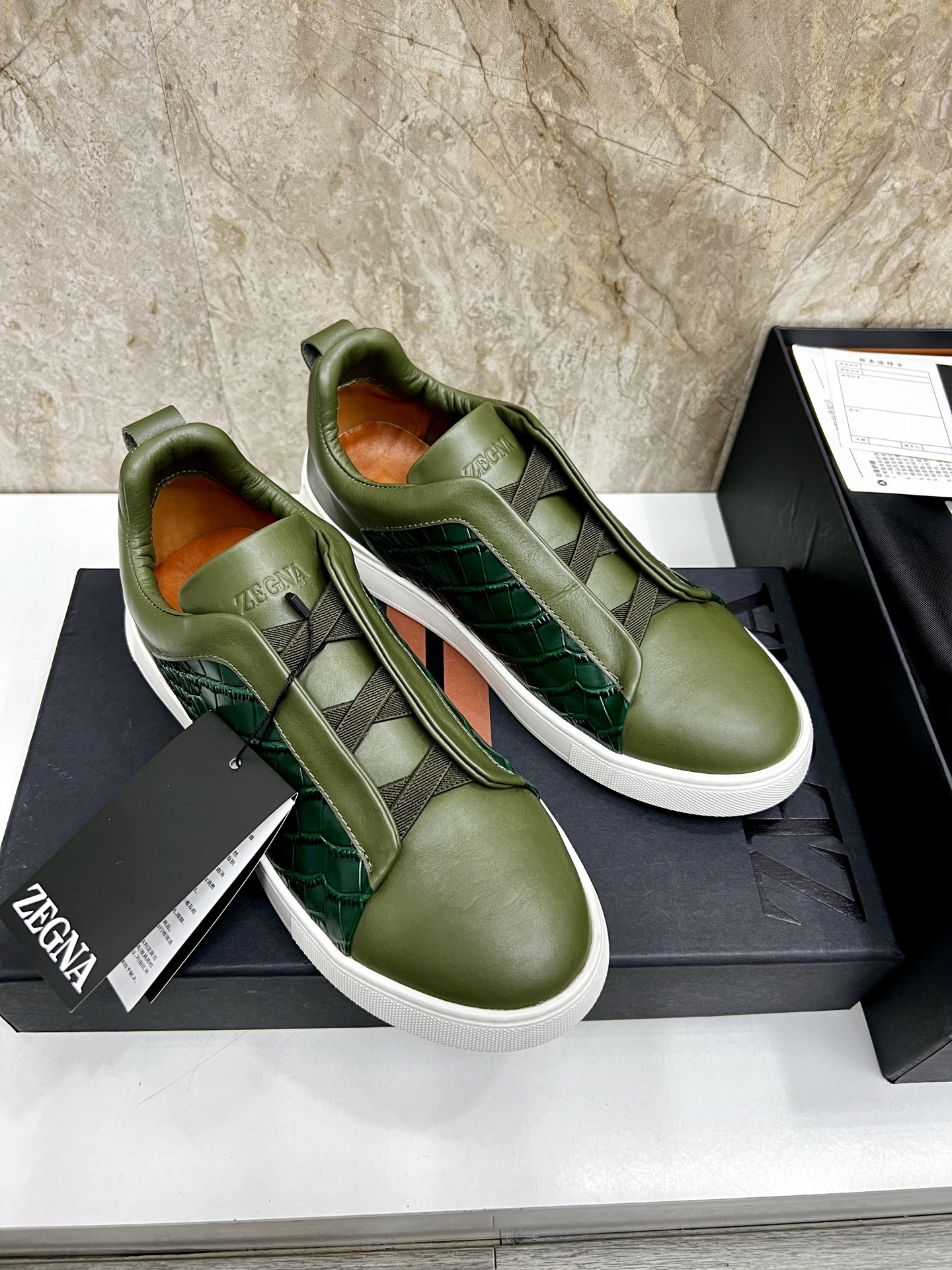 Zegna Triple Stitch Leather Sneakers Casual Shoes - Olive Green, Sizes 39-44 4 i1745123278271 2337 0 2