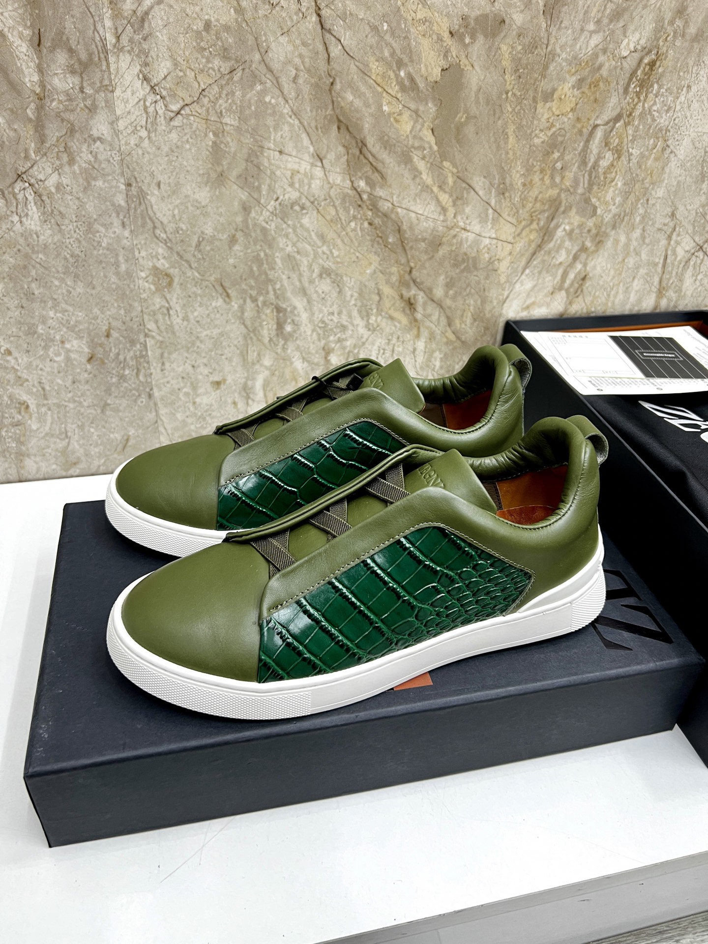 Zegna Triple Stitch Leather Sneakers Casual Shoes - Olive Green, Sizes 39-44 3 i1745123278370 3795 0 1