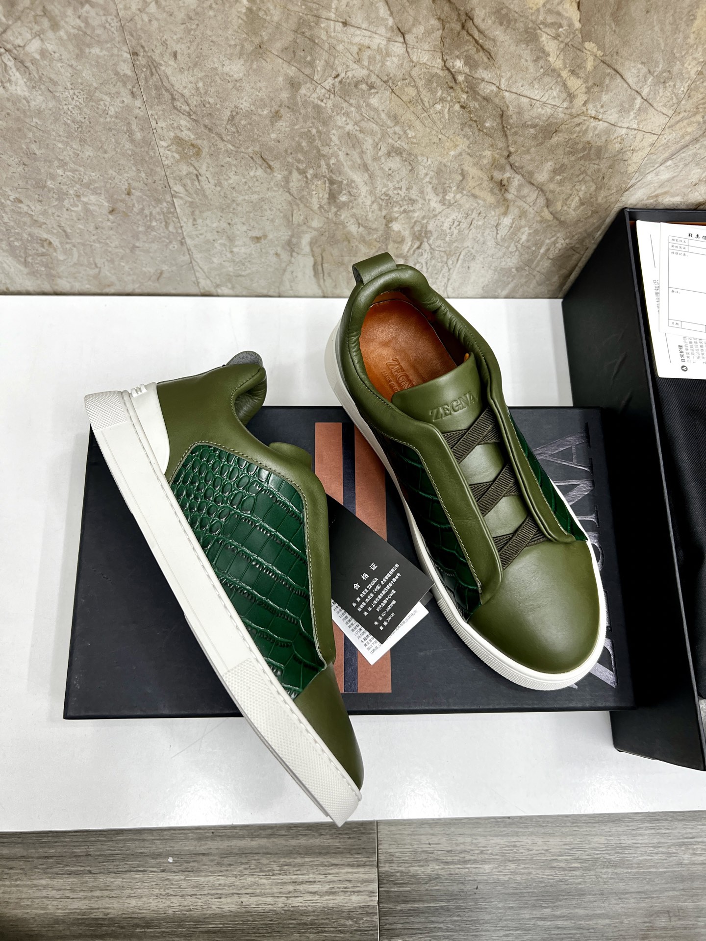 Zegna Triple Stitch Leather Sneakers Casual Shoes - Olive Green, Sizes 39-44 5 i1745123279239 6862 0 3