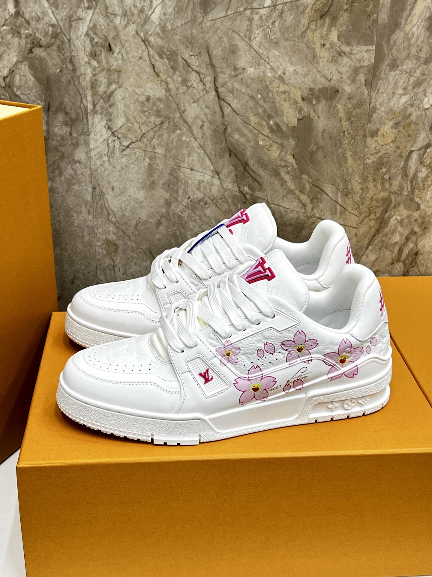 Louis Vuitton Trainer Sneaker White Leather with Pink Cherry Blossom 1 Louis Vuitton Trainer Sneaker White Leather with Pink Cherry Blossom