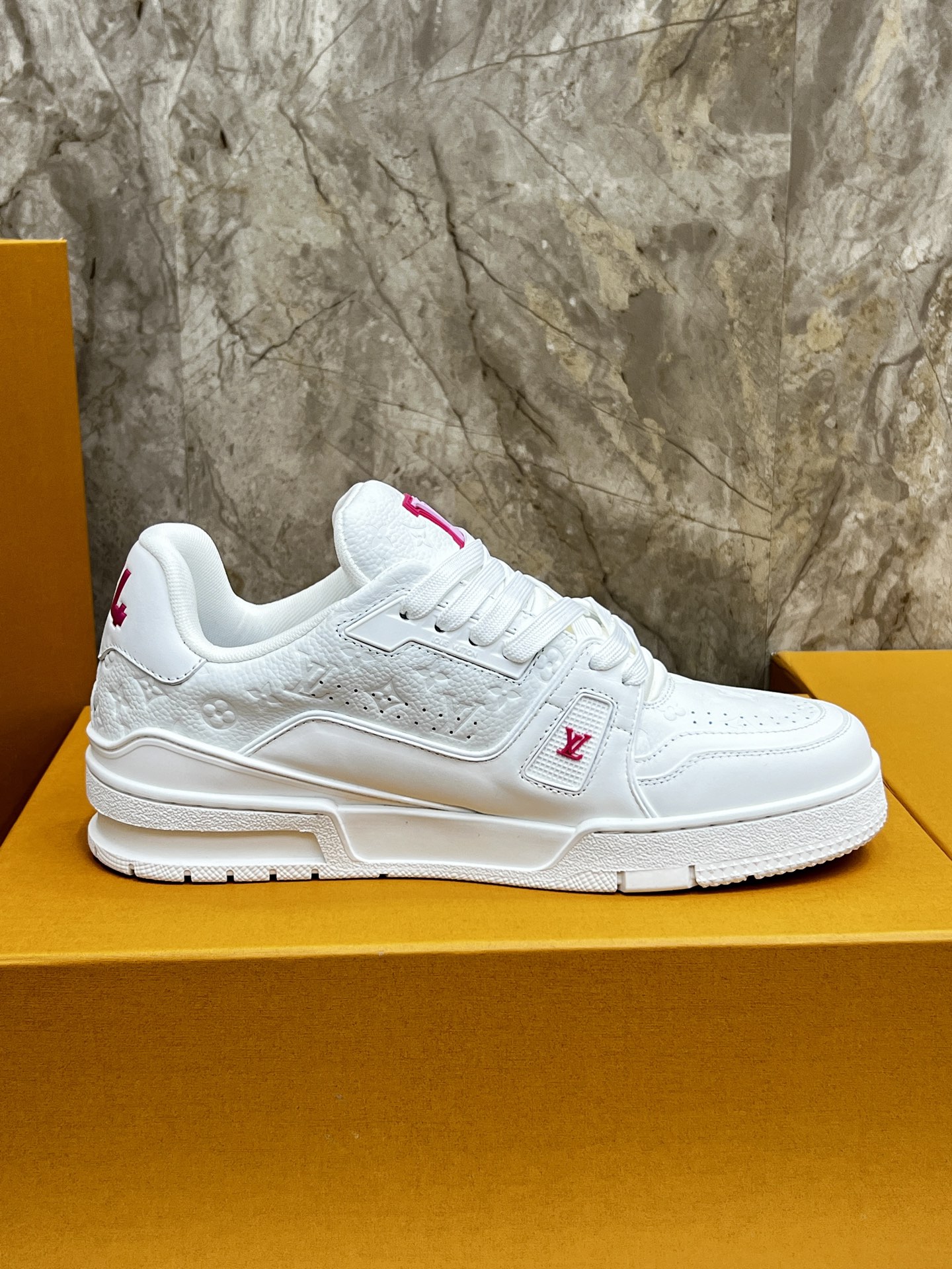 Louis Vuitton Trainer Sneaker White Leather with Pink Cherry Blossom 7 i1745215005207 845 0 5