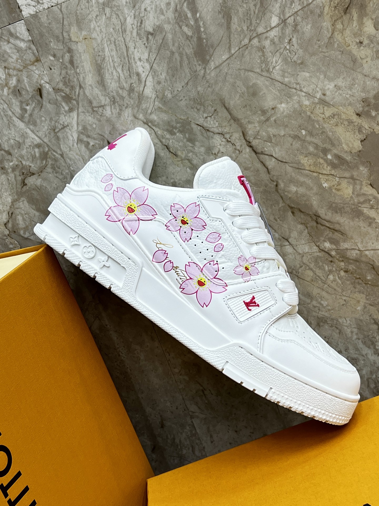 Louis Vuitton Trainer Sneaker White Leather with Pink Cherry Blossom 8 i1745215005244 9344 0 6
