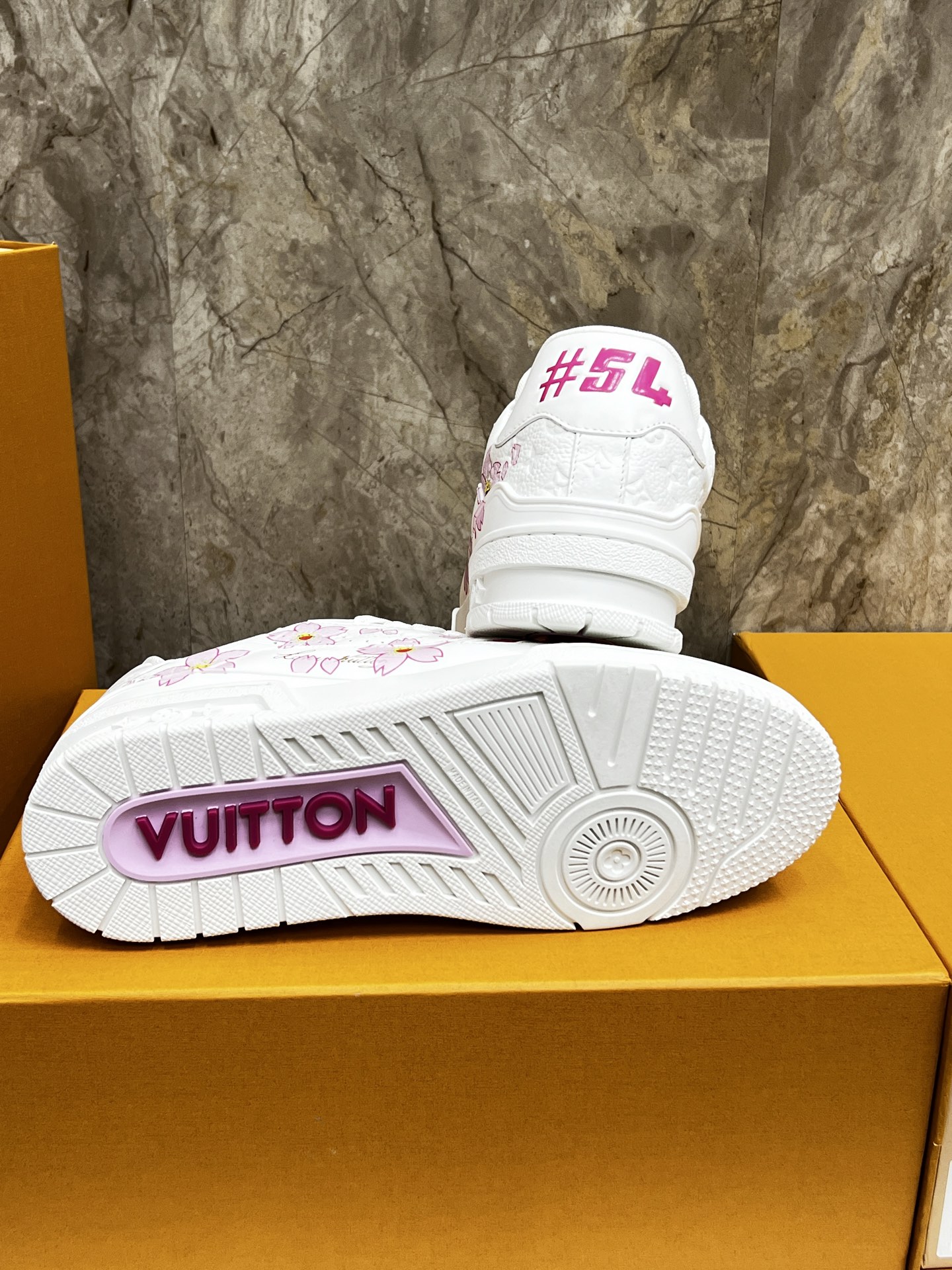 Louis Vuitton Trainer Sneaker White Leather with Pink Cherry Blossom 9 i1745215005999 4321 0 7