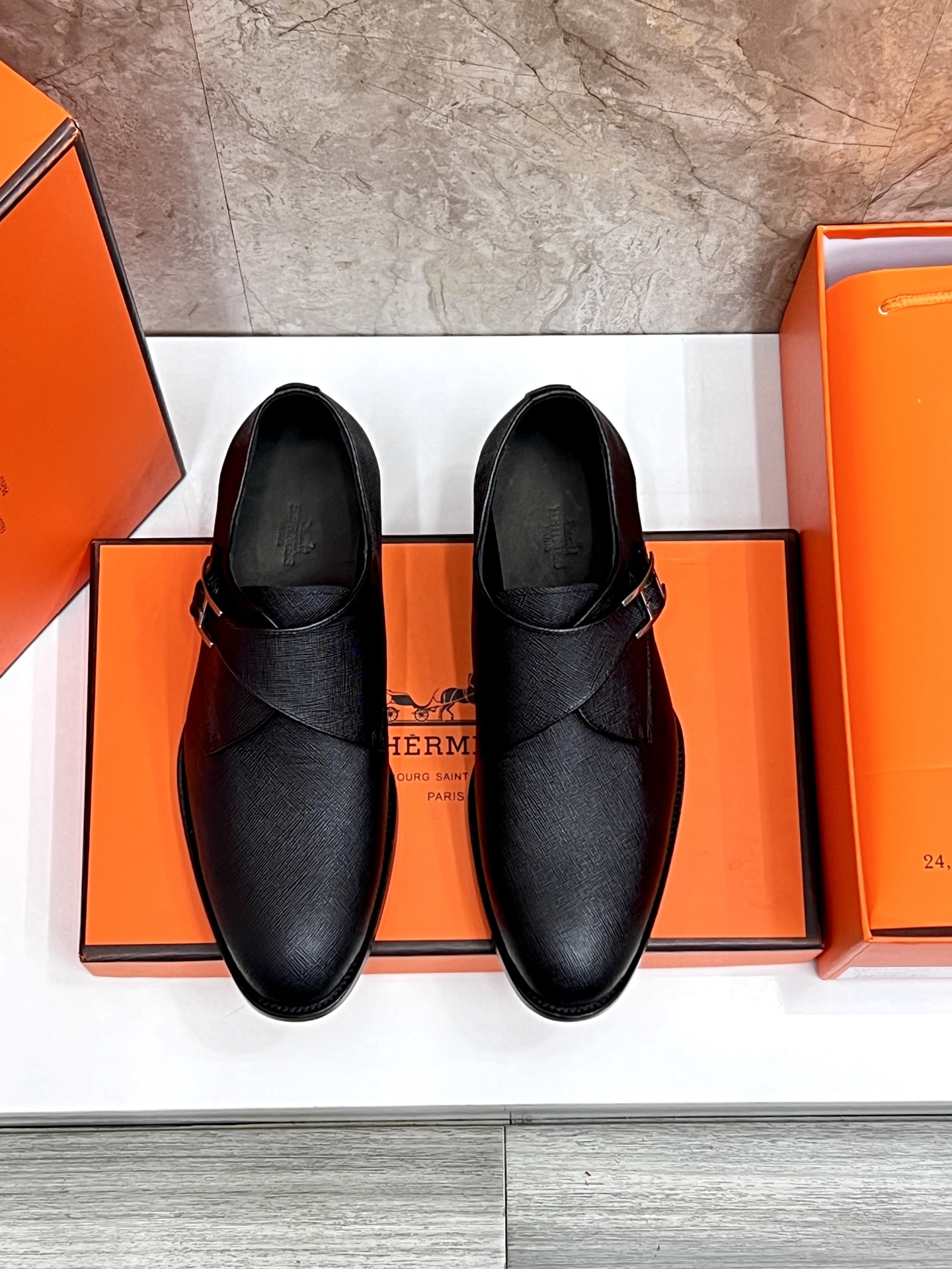 Hermes Giovanni Black Leather Loafers with Buckle Detail, Elegant Design