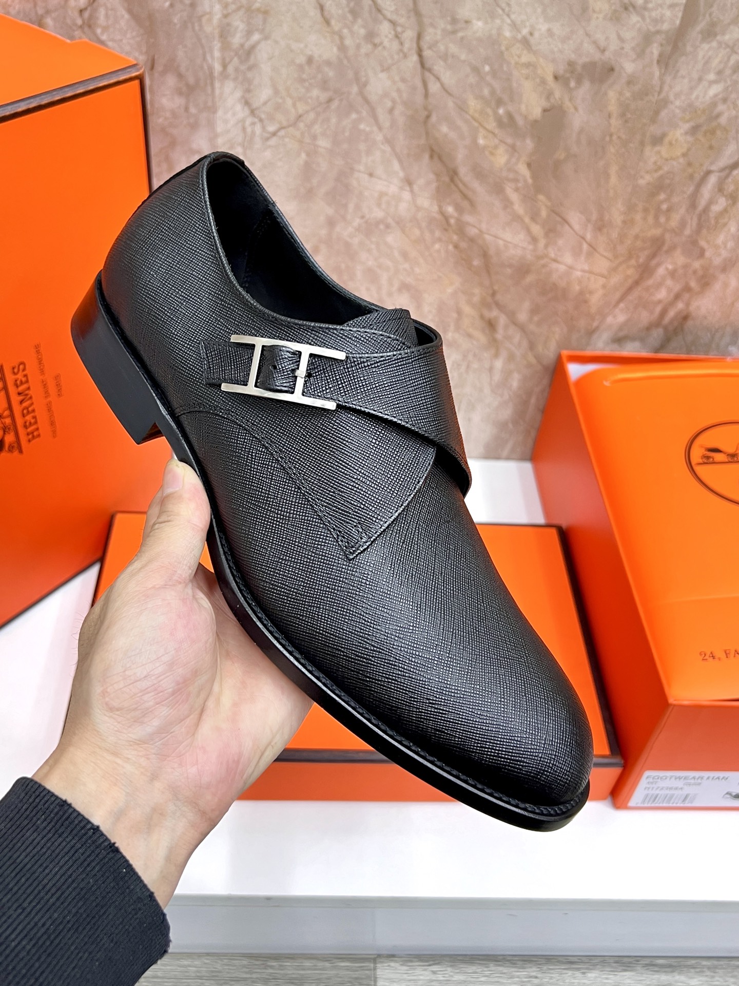 Hermes Giovanni Black Leather Loafers with Buckle Detail, Elegant Design 8 i1745734170011 8093 0 6