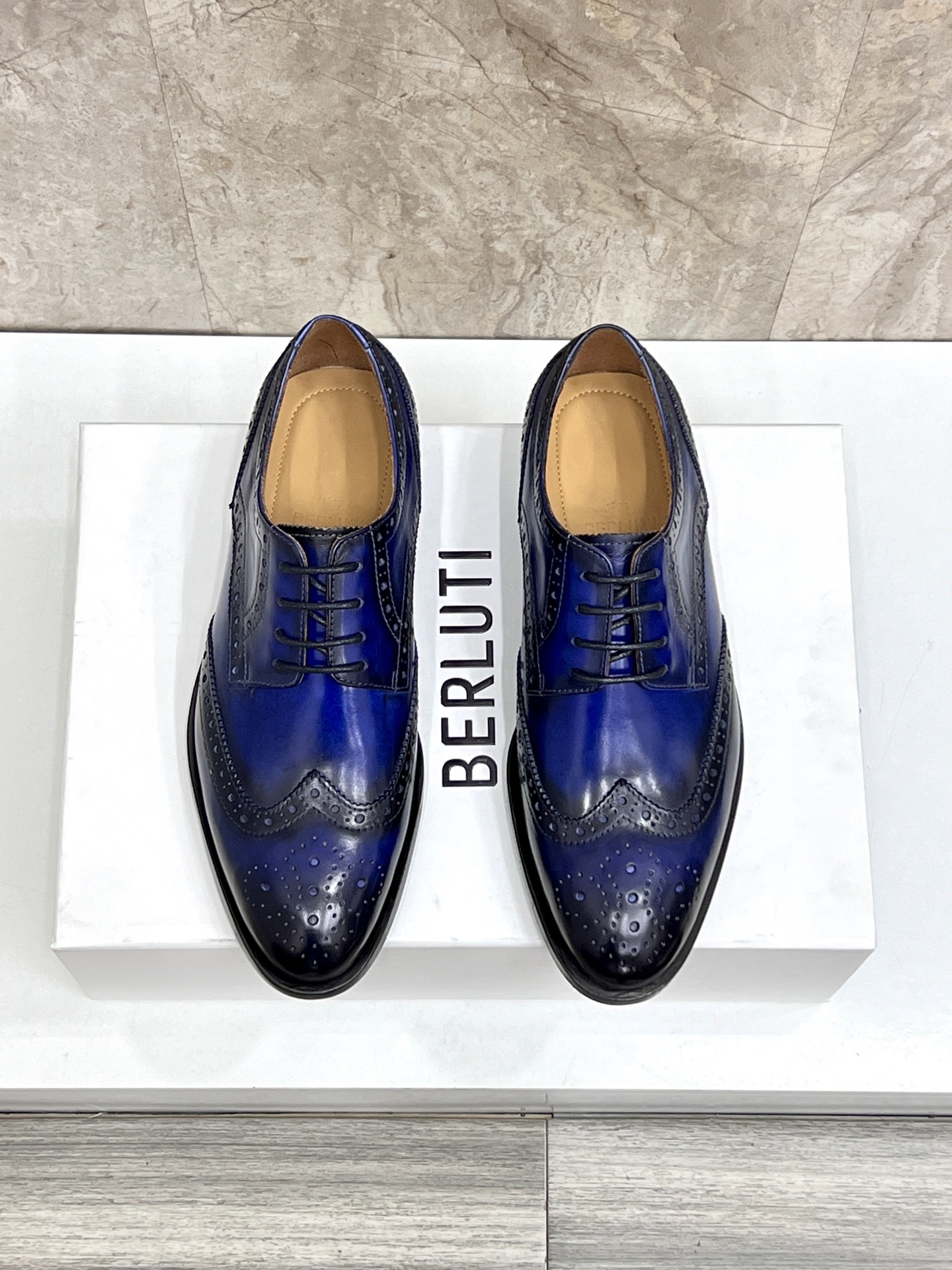Berluti Men's Leather Dress Shoes, Blue Wingtip Oxford, Italian Craftsmanship