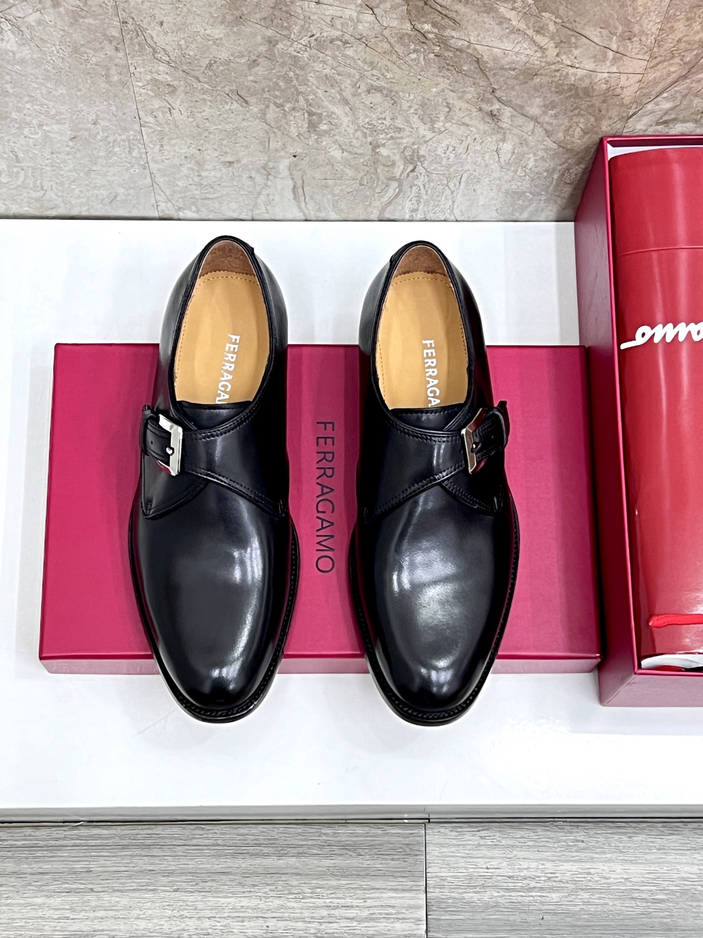 Ferragamo Men's Black Leather Monk Strap Loafers Dress Shoes