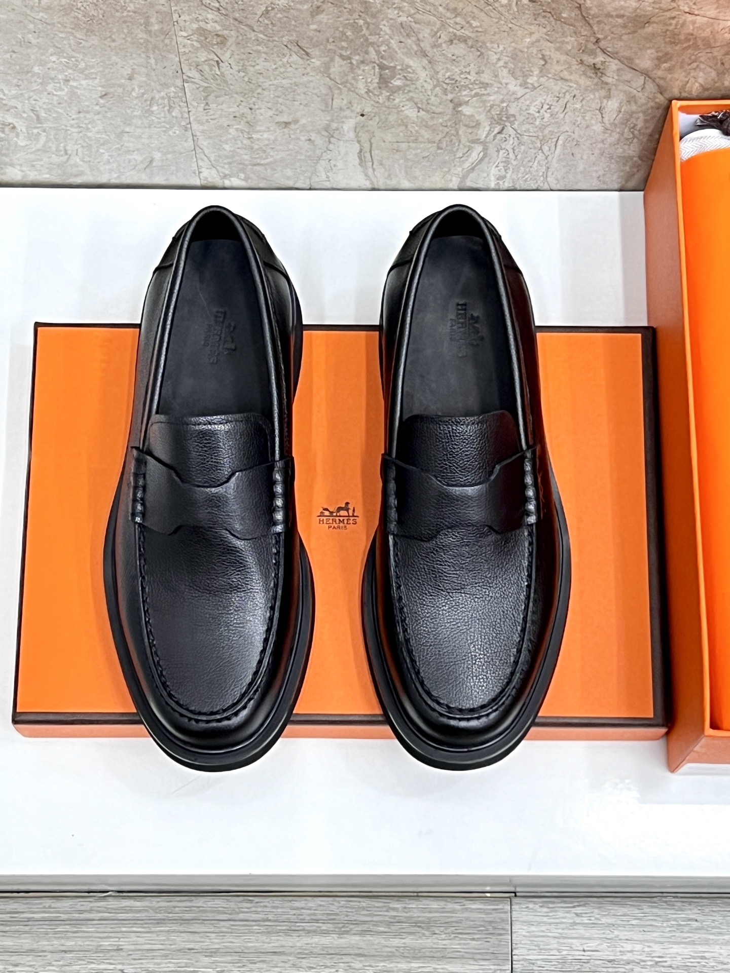 Hermes Giovanni Leather Loafers with Palladium Paris Buckle - Classic Black
