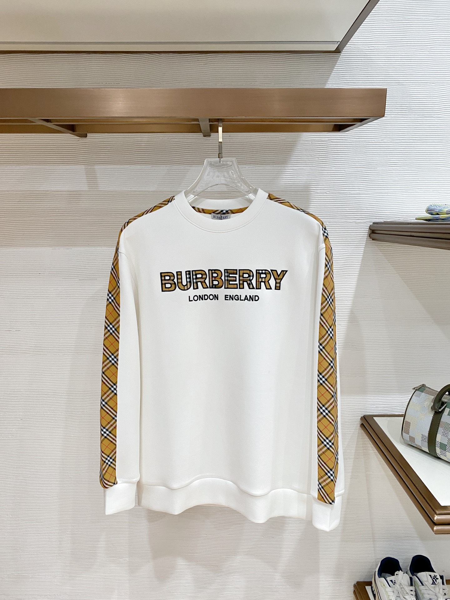 Burberry White Logo Check Sleeve Sweatshirt