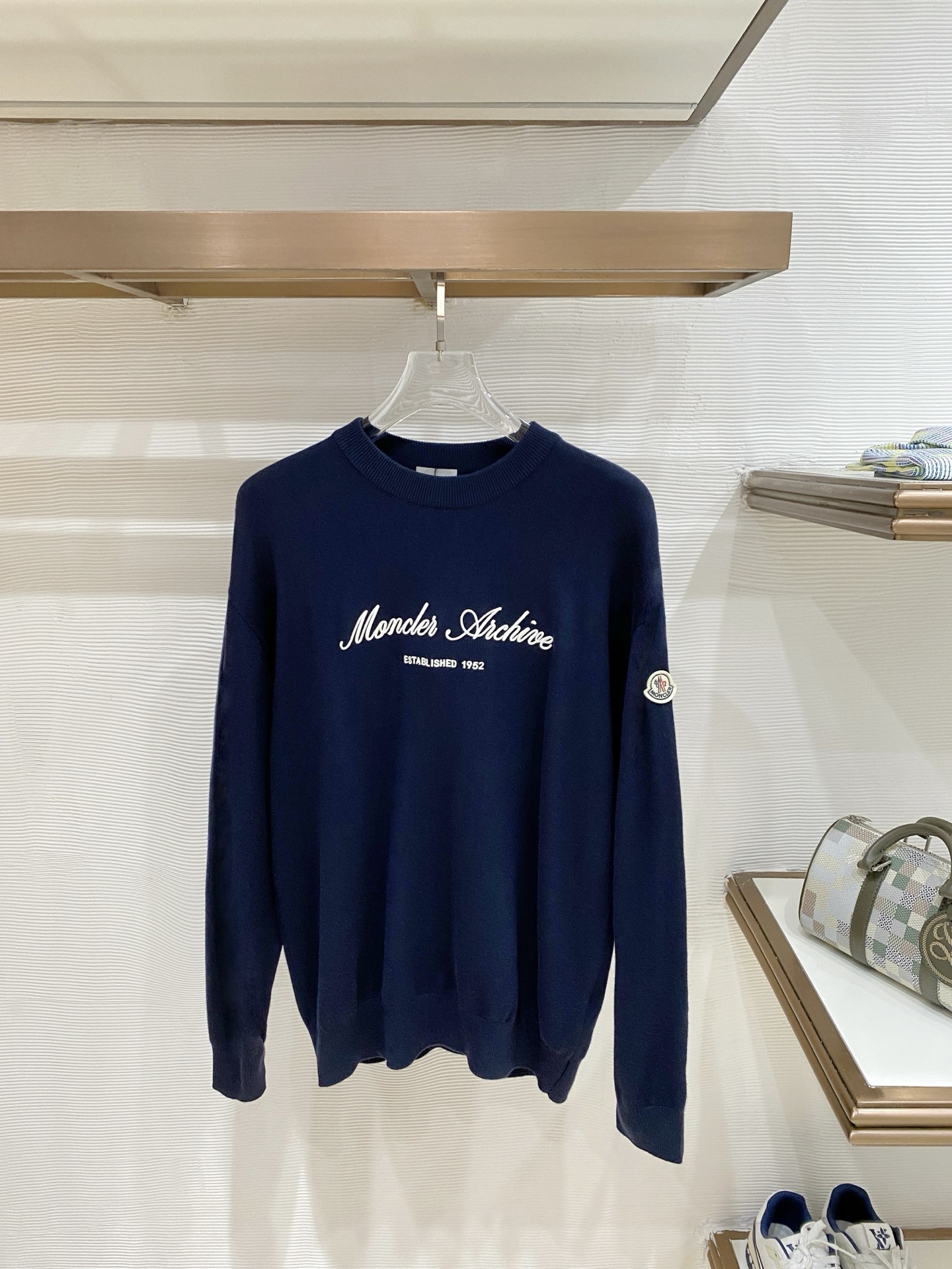 Moncler Navy Script Logo Crew Neck Sweater
