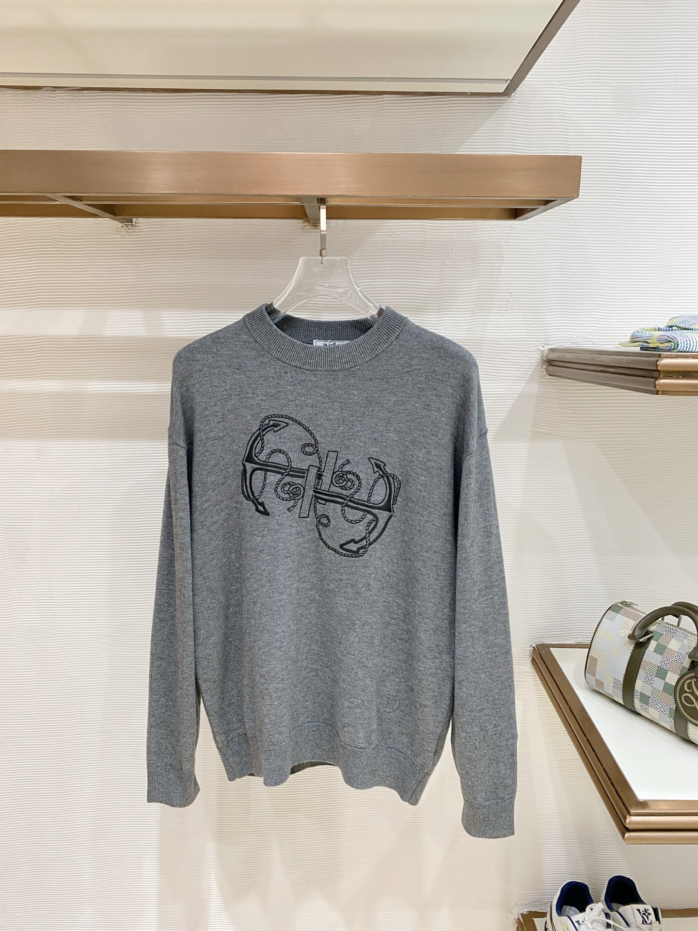 Hermes Gray Graphic Crew Neck Sweater