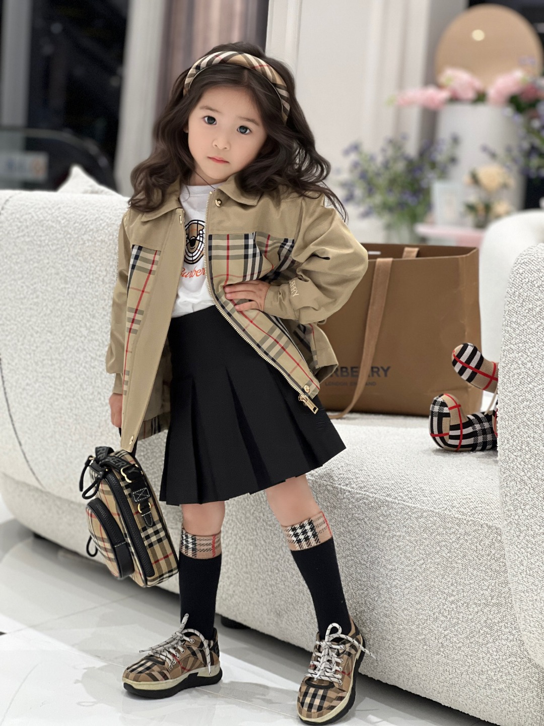 Abrigo de cuadros combinados: 199@ Tallas: 100-160 Burberry_Clásico estampado de cuadros combinados. Abrigo cortaviento…