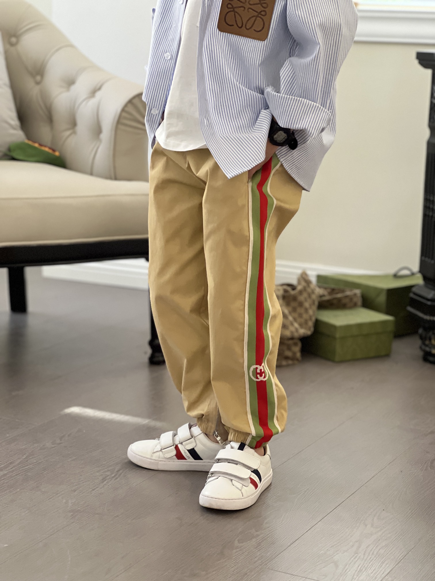 Gucci_pantalones casuales de algodón puro con cinta de dos tonos Pantalones caqui con cinta de tela: 138￥ Tallas: 100-1…