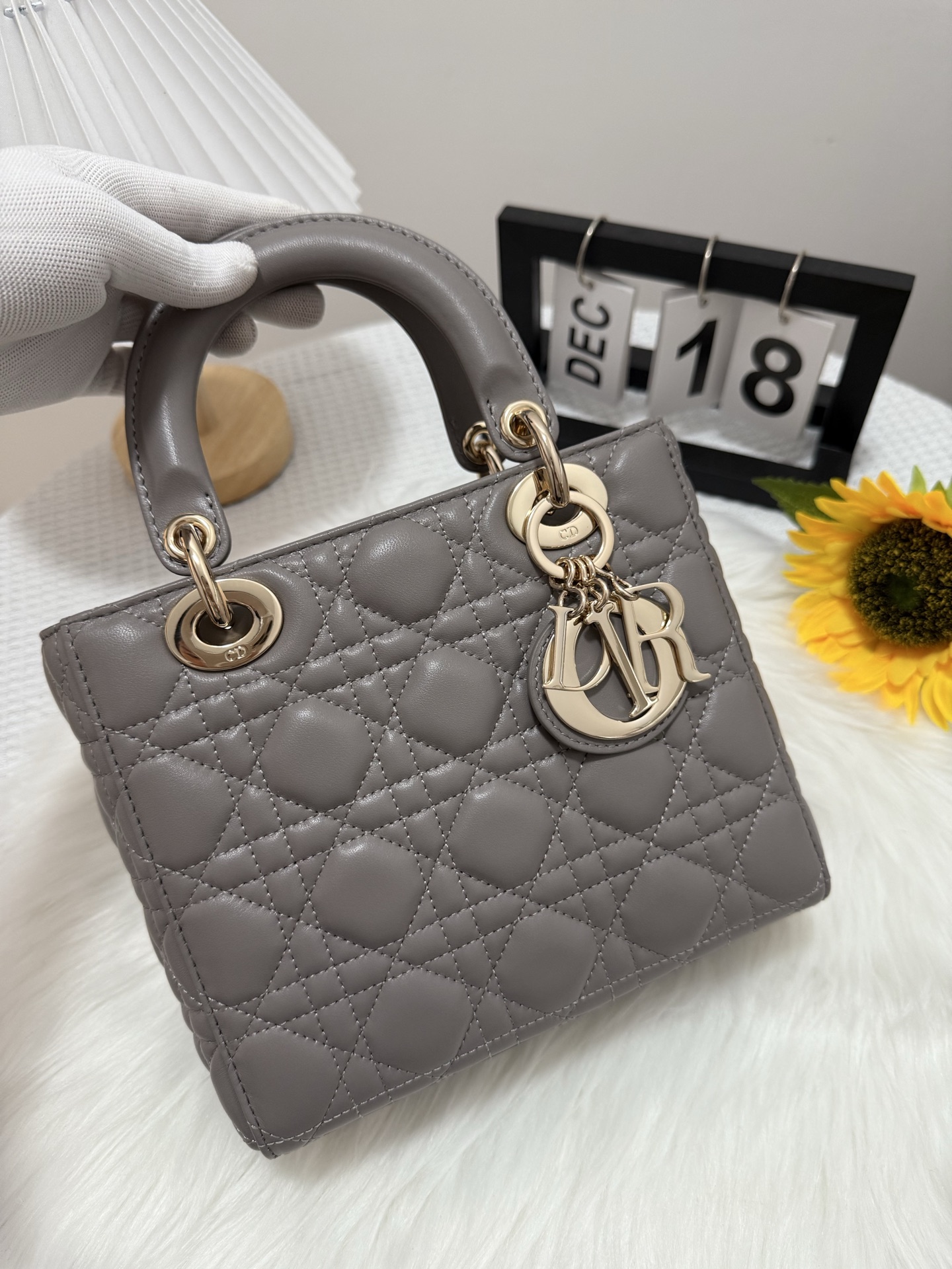 Lady Dior Gray Lambskin Handbag, 20 x 17 x 8 cm, Iconic Design 2 i1747583951290 589 0 0