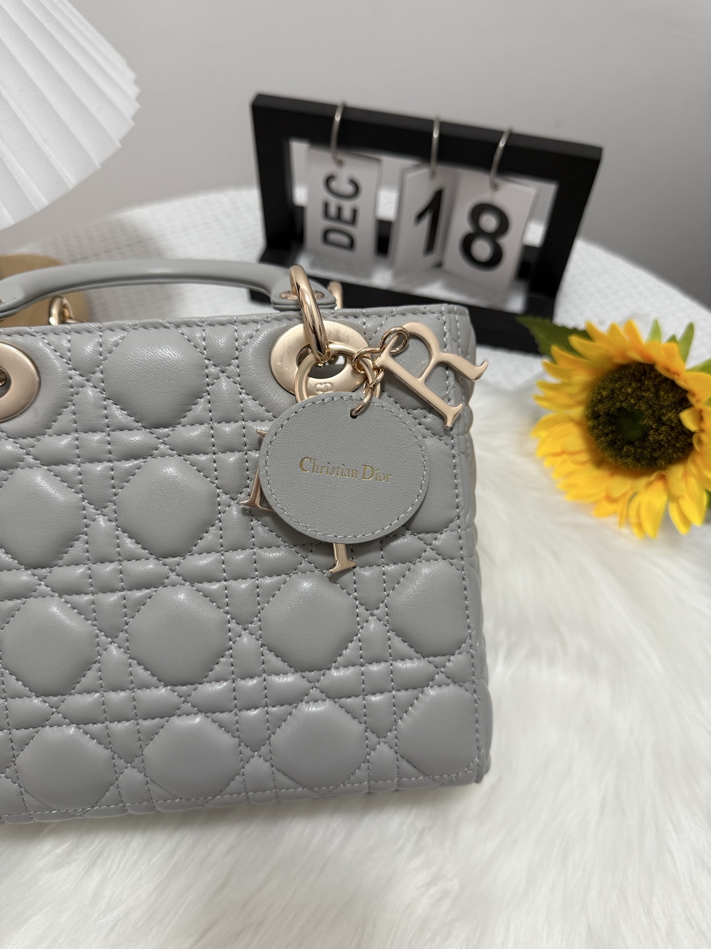 Lady Dior Bag, Cloud Gray Lambskin, Gold Finish D.I.O.R. Charm, 20 x 17 x 8 cm 9 i1747584013553 2296 0 7