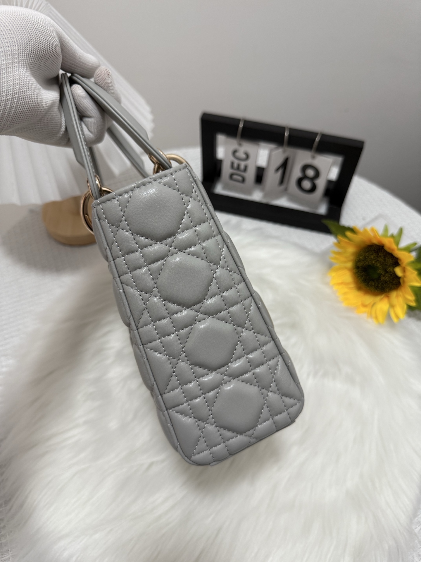 Lady Dior Bag, Cloud Gray Lambskin, Gold Finish D.I.O.R. Charm, 20 x 17 x 8 cm 3 i1747584014469 1623 0 1