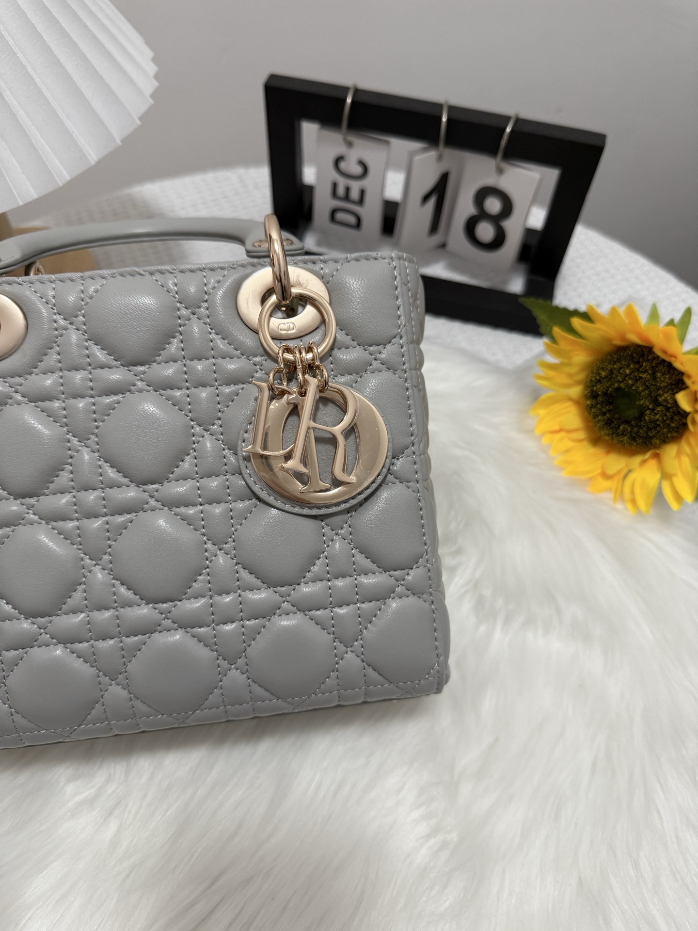 Lady Dior Bag, Cloud Gray Lambskin, Gold Finish D.I.O.R. Charm, 20 x 17 x 8 cm 8 i1747584014471 704 0 6