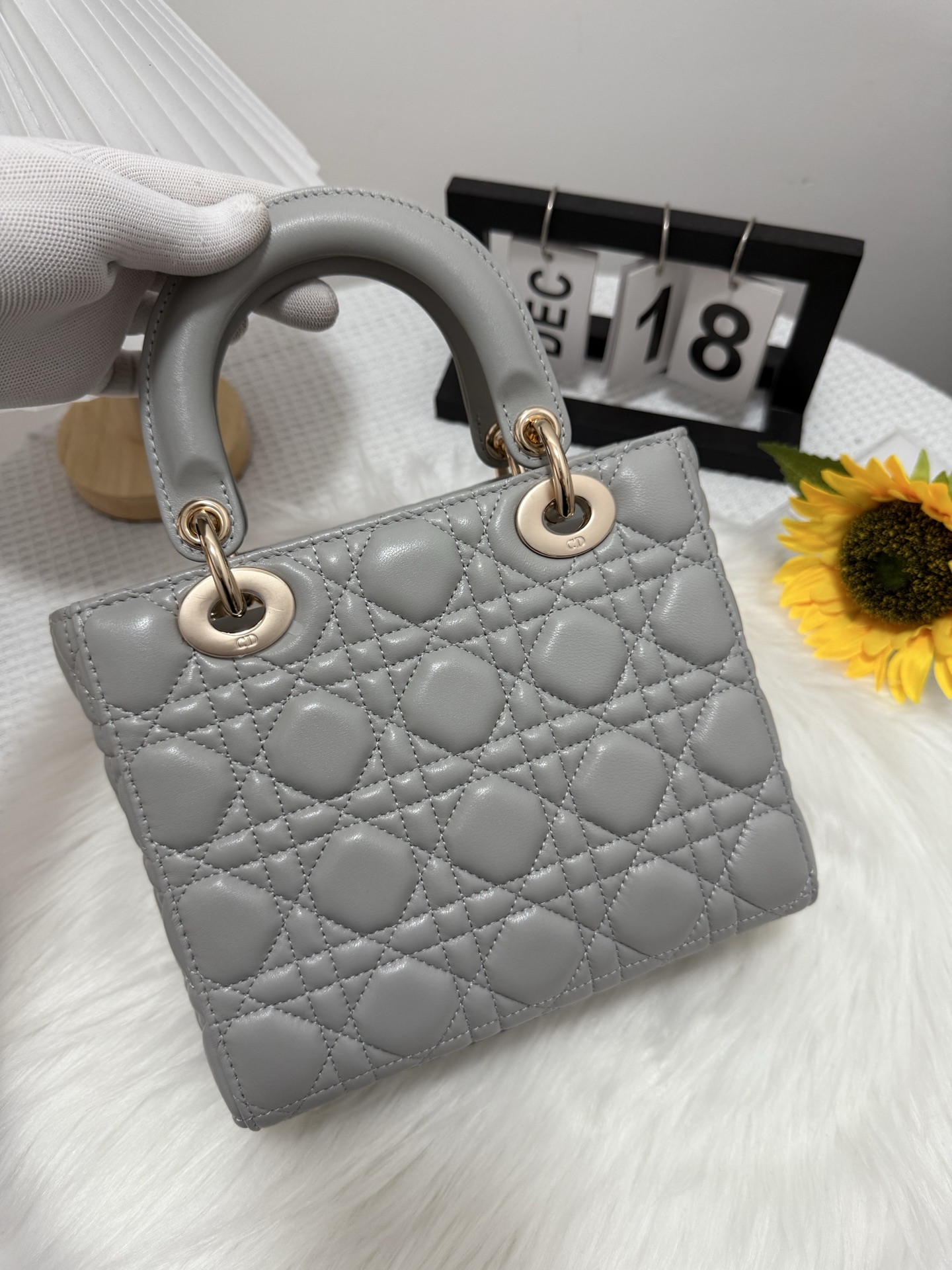 Lady Dior Bag, Cloud Gray Lambskin, Gold Finish D.I.O.R. Charm, 20 x 17 x 8 cm 4 i1747584014573 9178 0 2