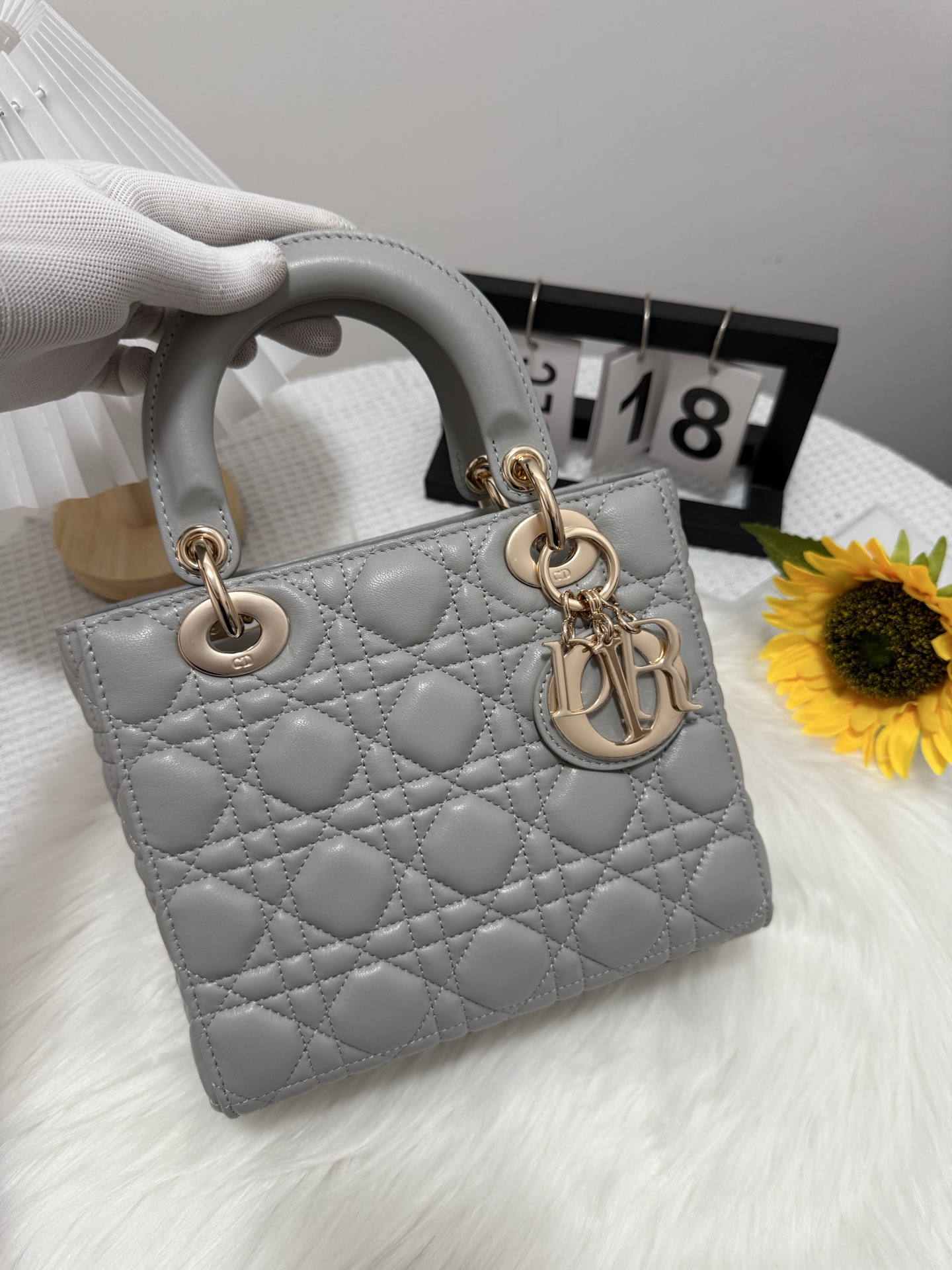 Lady Dior Bag, Cloud Gray Lambskin, Gold Finish D.I.O.R. Charm, 20 x 17 x 8 cm 2 i1747584014577 1385 0 0