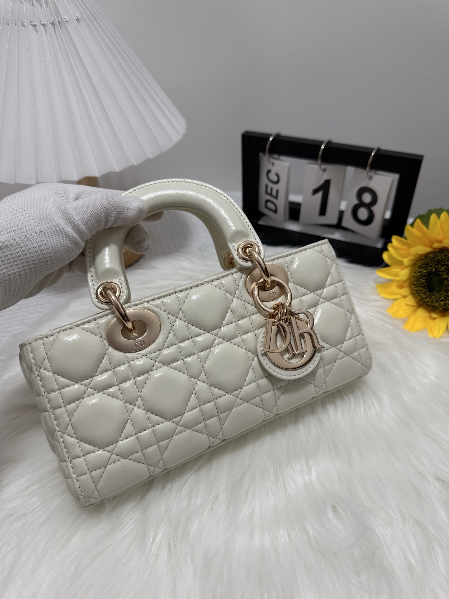Dior D-Joy Small White Bag,Lambskin, Diamond Pattern, Gold-Tone Metal Charms 1 i1747588092218 8361 0 0