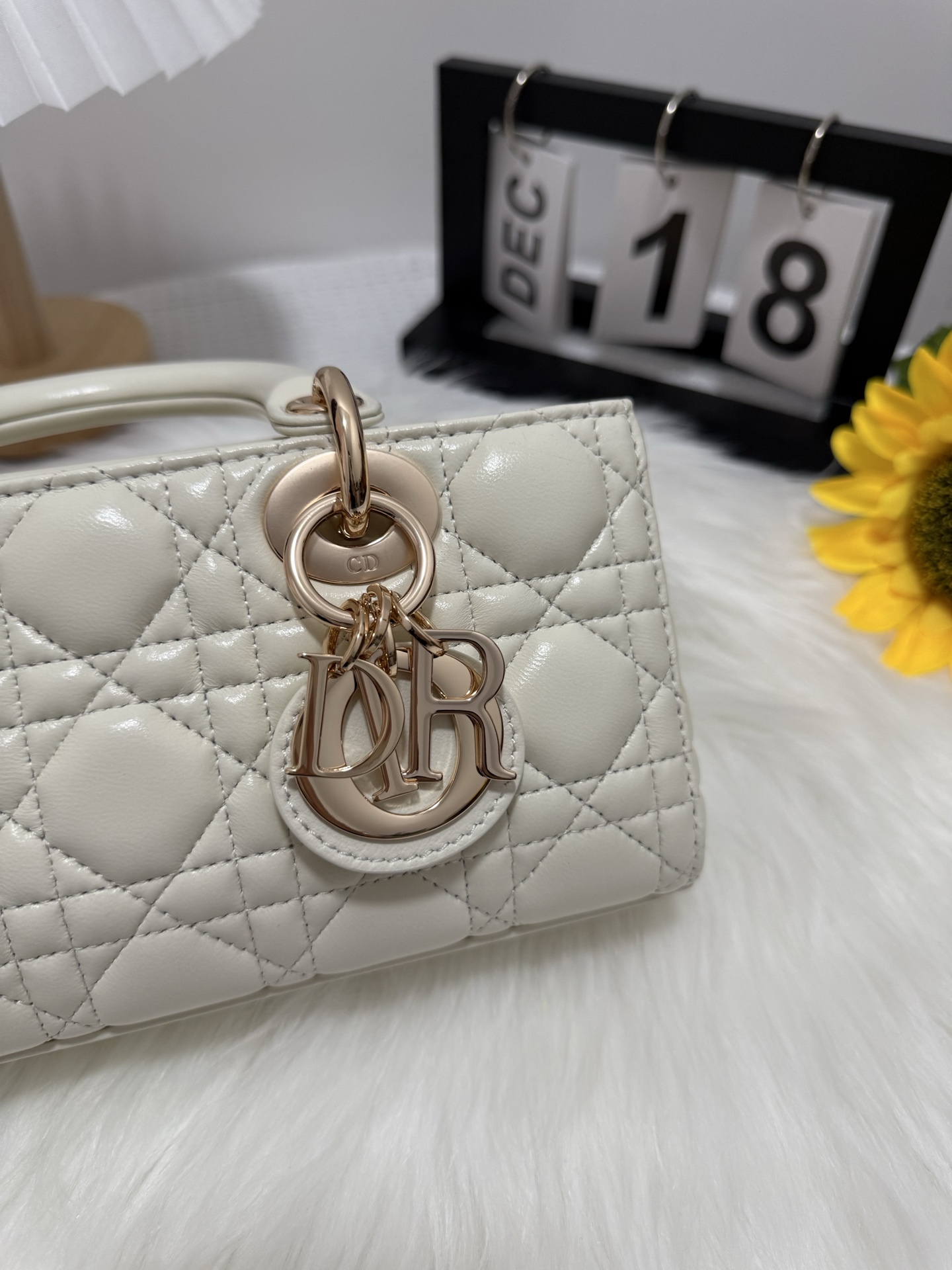 Dior D-Joy Small White Bag,Lambskin, Diamond Pattern, Gold-Tone Metal Charms 7 i1747588093220 851 0 6