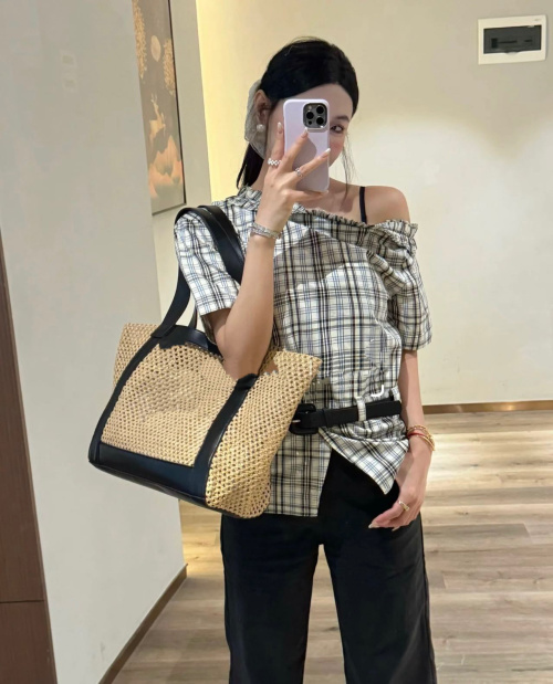 Elegant Plaid Off-Shoulder Top with Belted Waist - Stylish and Chic Design 1 Elegant Plaid Off-Shoulder Top with Belted Waist - Stylish and Chic Design