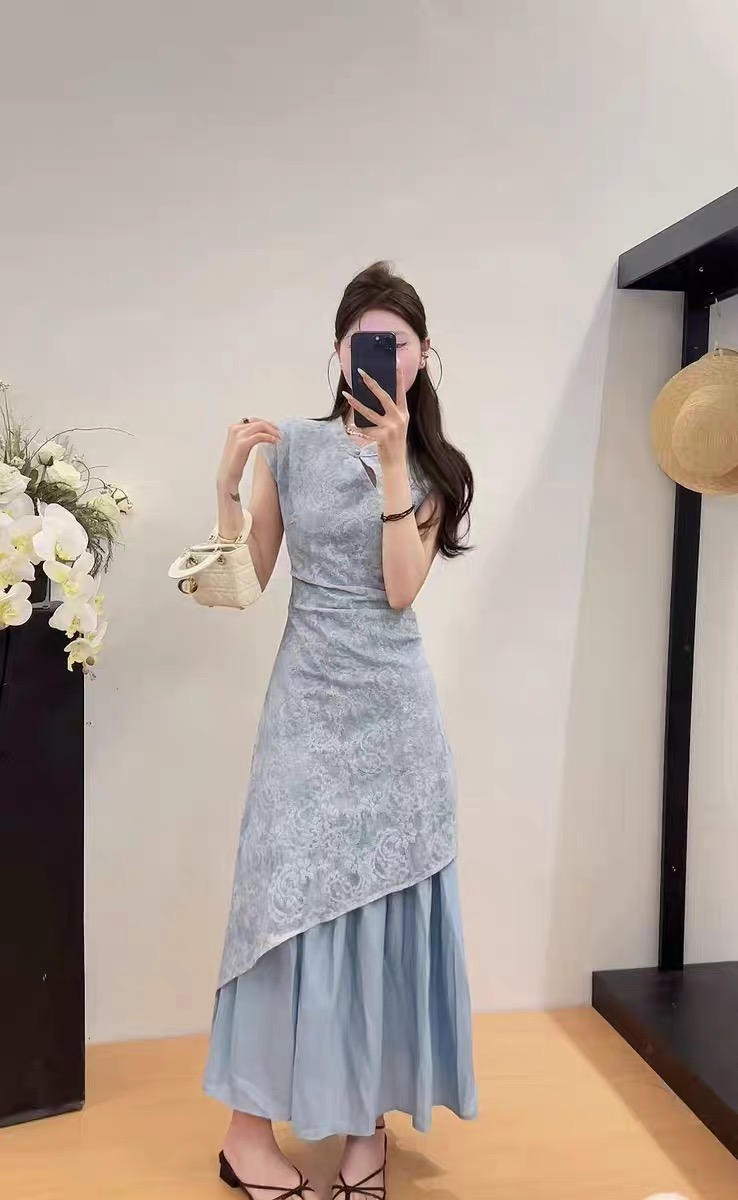 Elegant French-Inspired Crochet Lace Dress with Asymmetrical Hem and Mandarin Collar