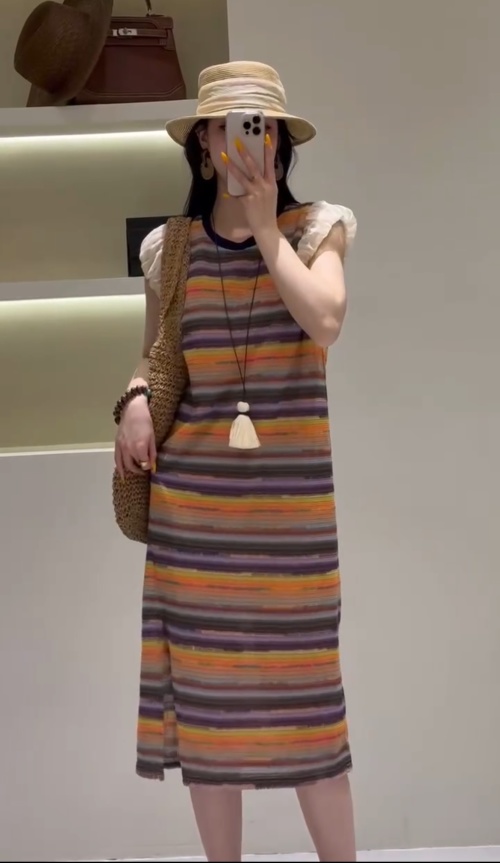 Striped Knit Dress, Colorful Stripes, Soft Knit Fabric, Bubble Sleeves, Midi Length 1 Striped Knit Dress, Colorful Stripes, Soft Knit Fabric, Bubble Sleeves, Midi Length