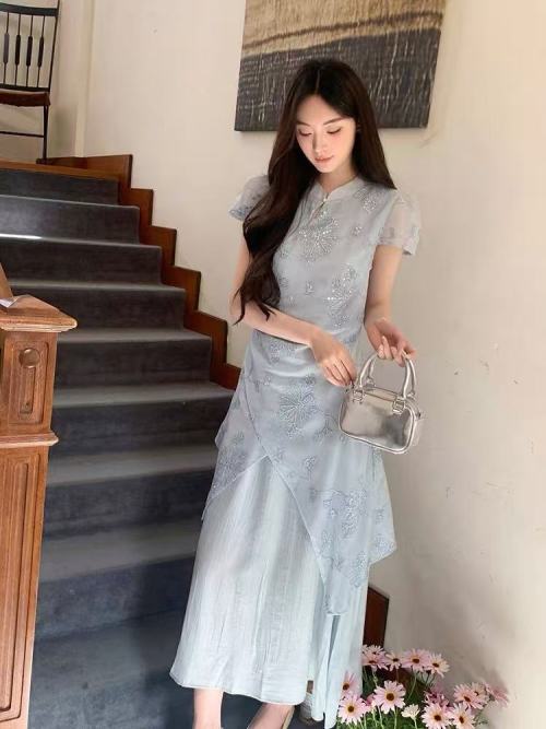 Elegant Embroidered Cheongsam Dress, Traditional Chinese Style, Soft Blue 1 Elegant Embroidered Cheongsam Dress, Traditional Chinese Style, Soft Blue