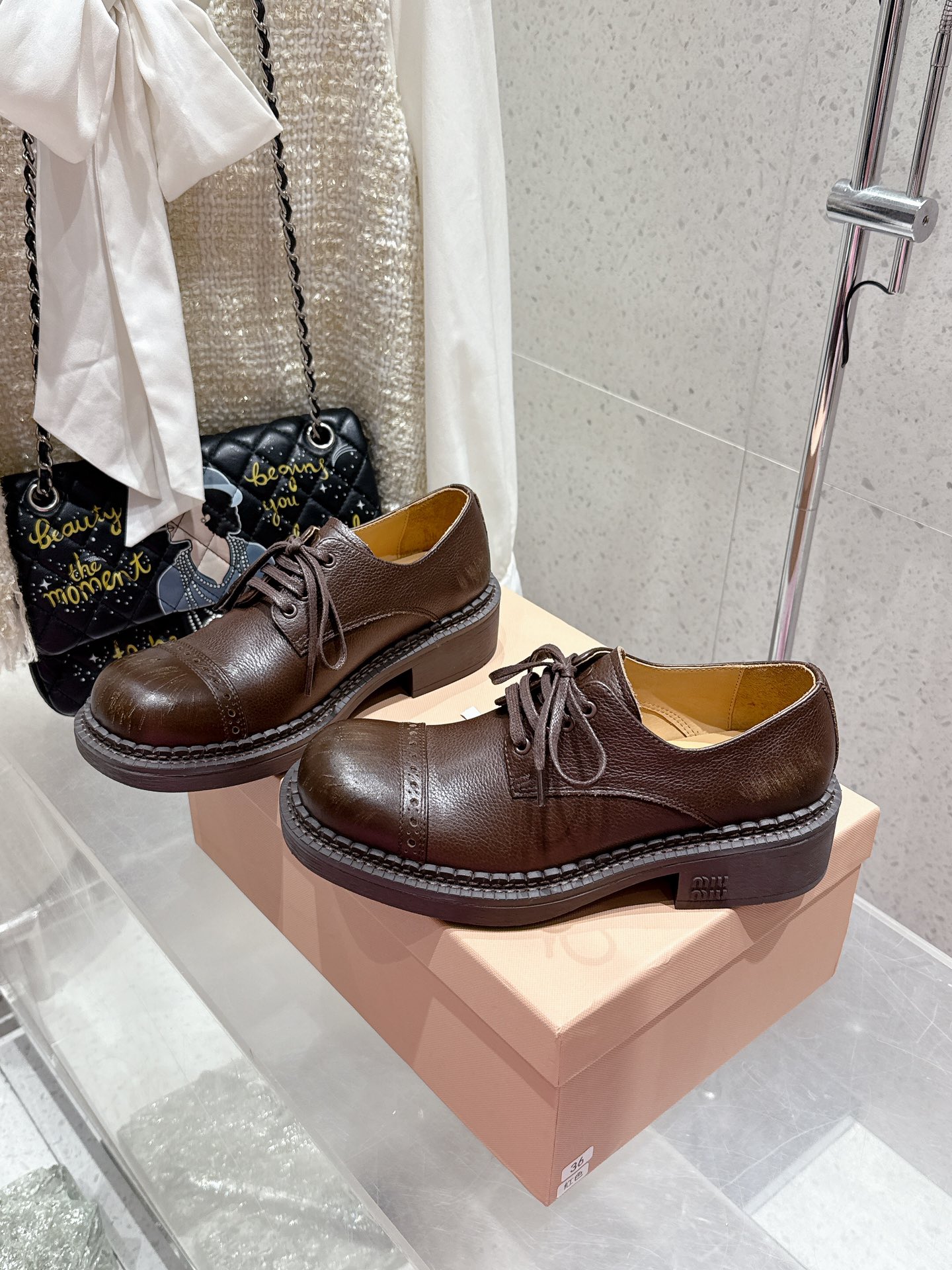 Miu Miu Women's Brown Leather Brogue Loafers Lace-Up Casual Shoes