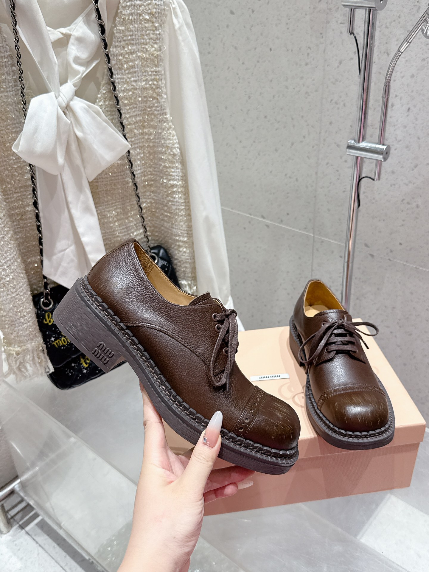 Miu Miu Women's Brown Leather Brogue Loafers Lace-Up Casual Shoes 6 i1742299969 9678 1