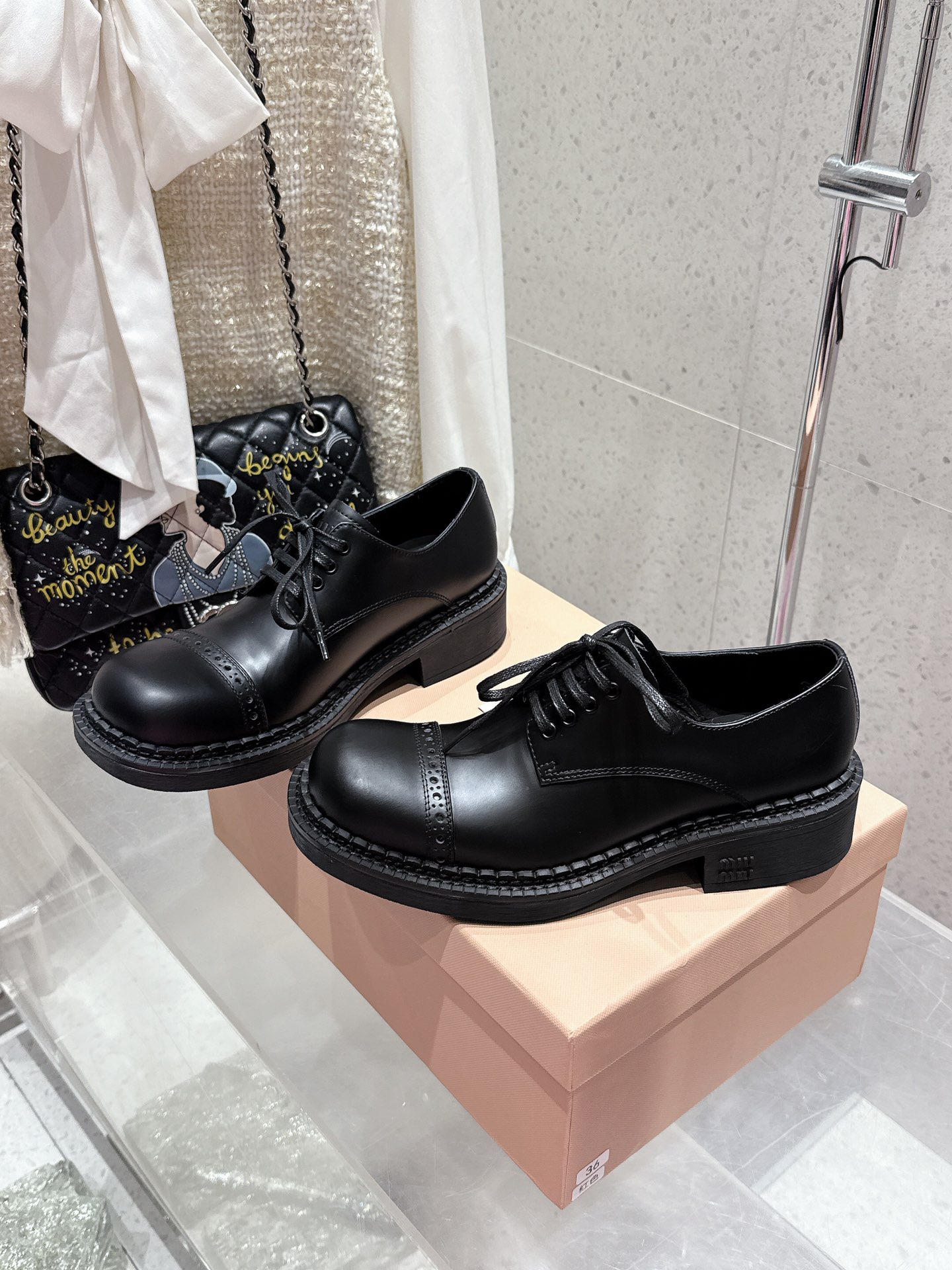 Miu Miu Women's Black Leather Brogue Loafers Lace-up Platform Shoes 2 i1742300010 3333 5